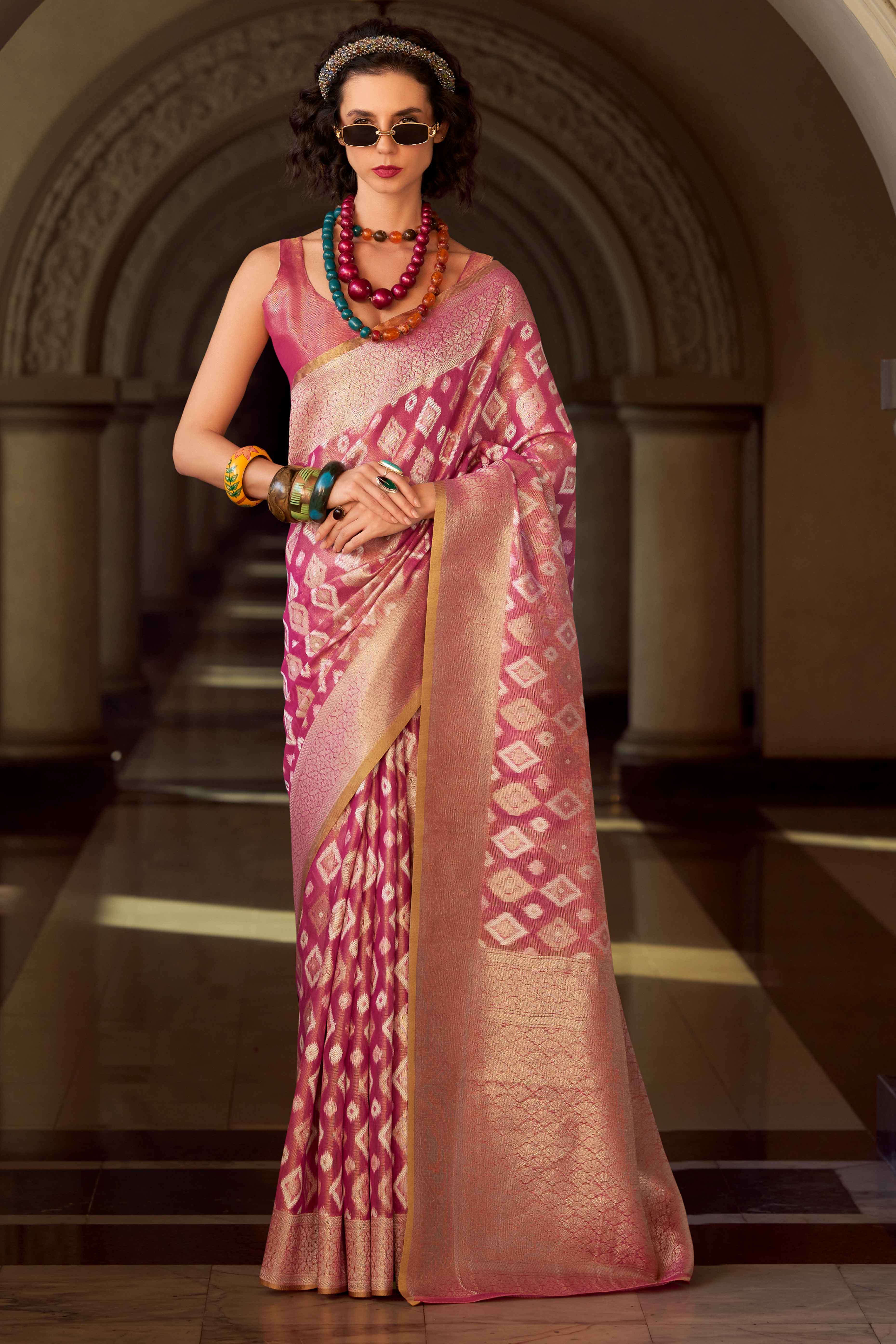 Magenta Geometric Pattern Woven Tissue Silk Saree