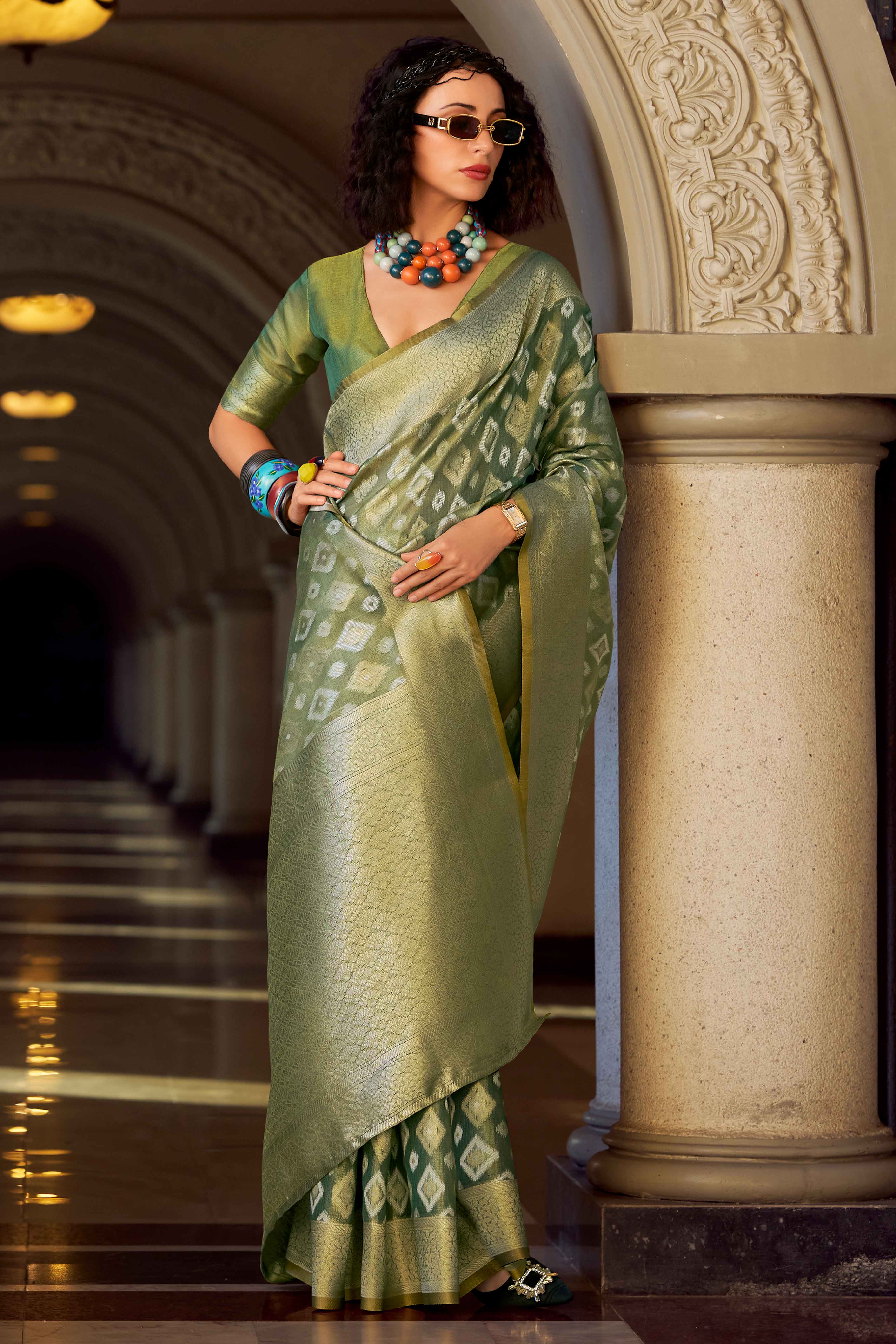 Green Geometric Pattern Woven Tissue Silk Saree