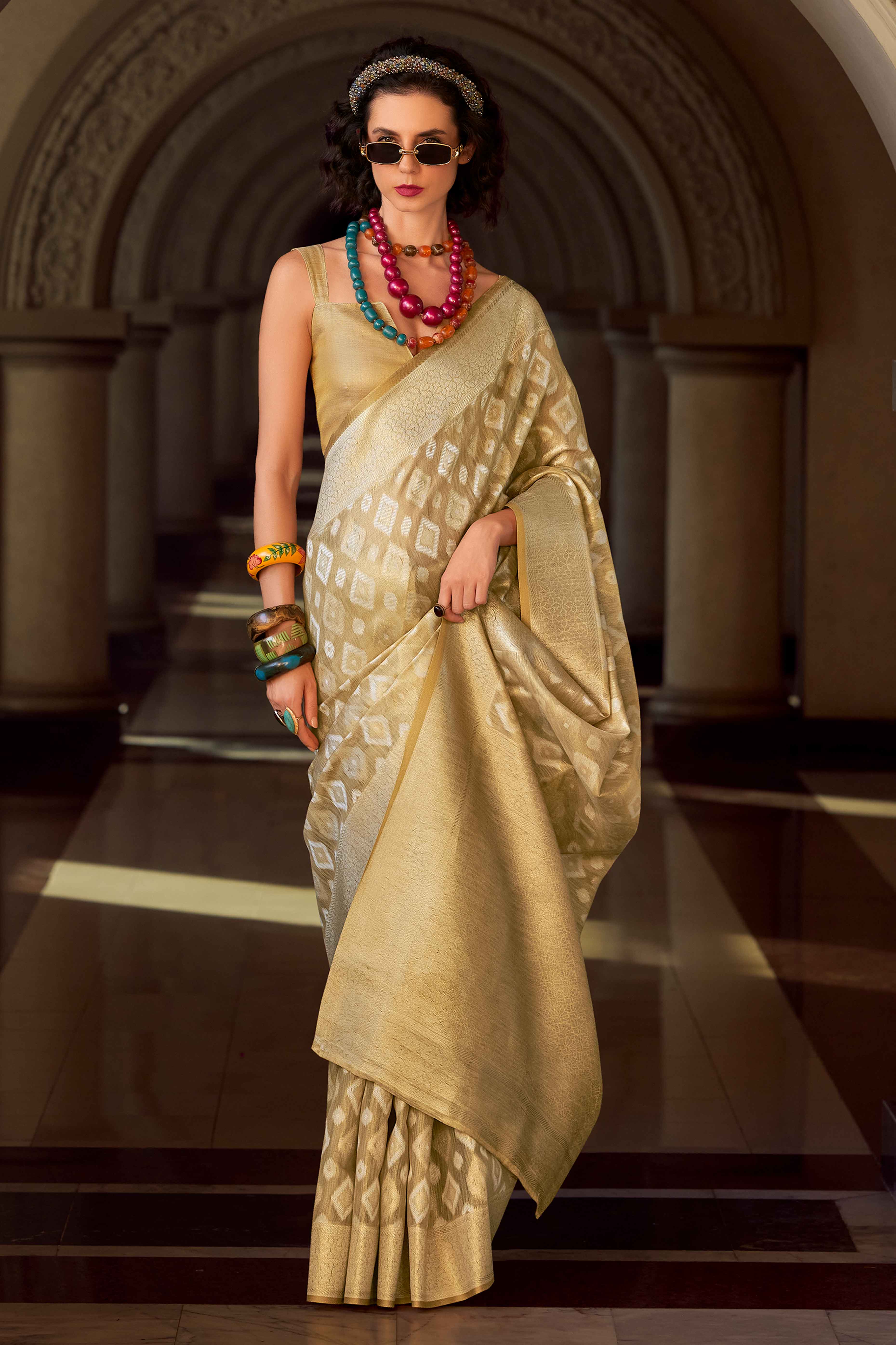 Chikoo Geometric Pattern Woven Tissue Silk Saree