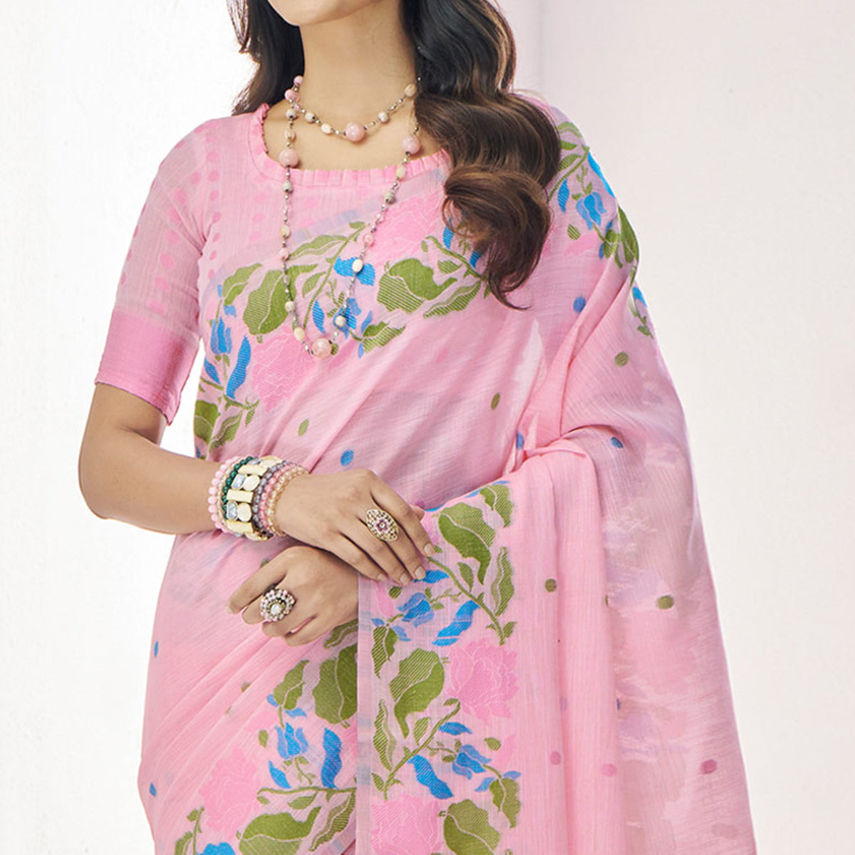 Pink Floral Woven Cotton Silk Saree