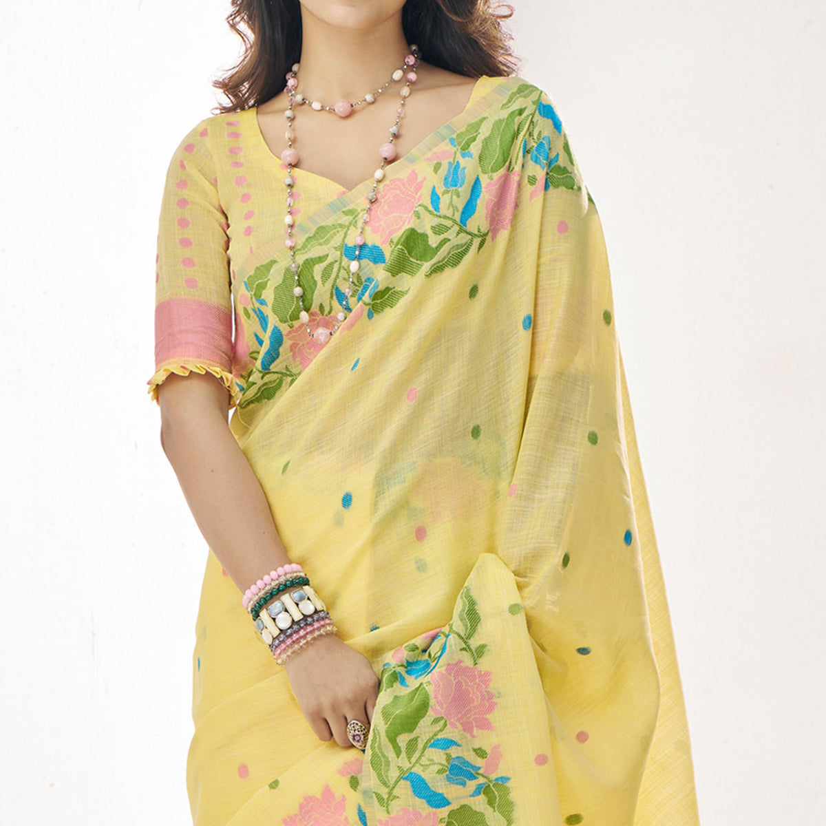 Yellow Floral Woven Cotton Silk Saree