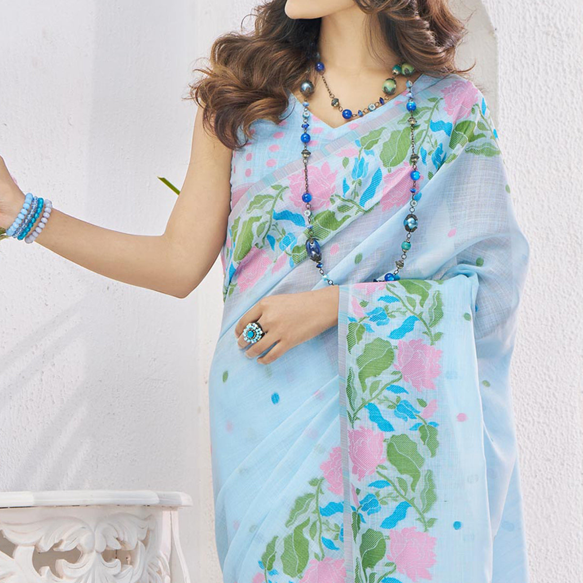 Blue Floral Woven Cotton Silk Saree
