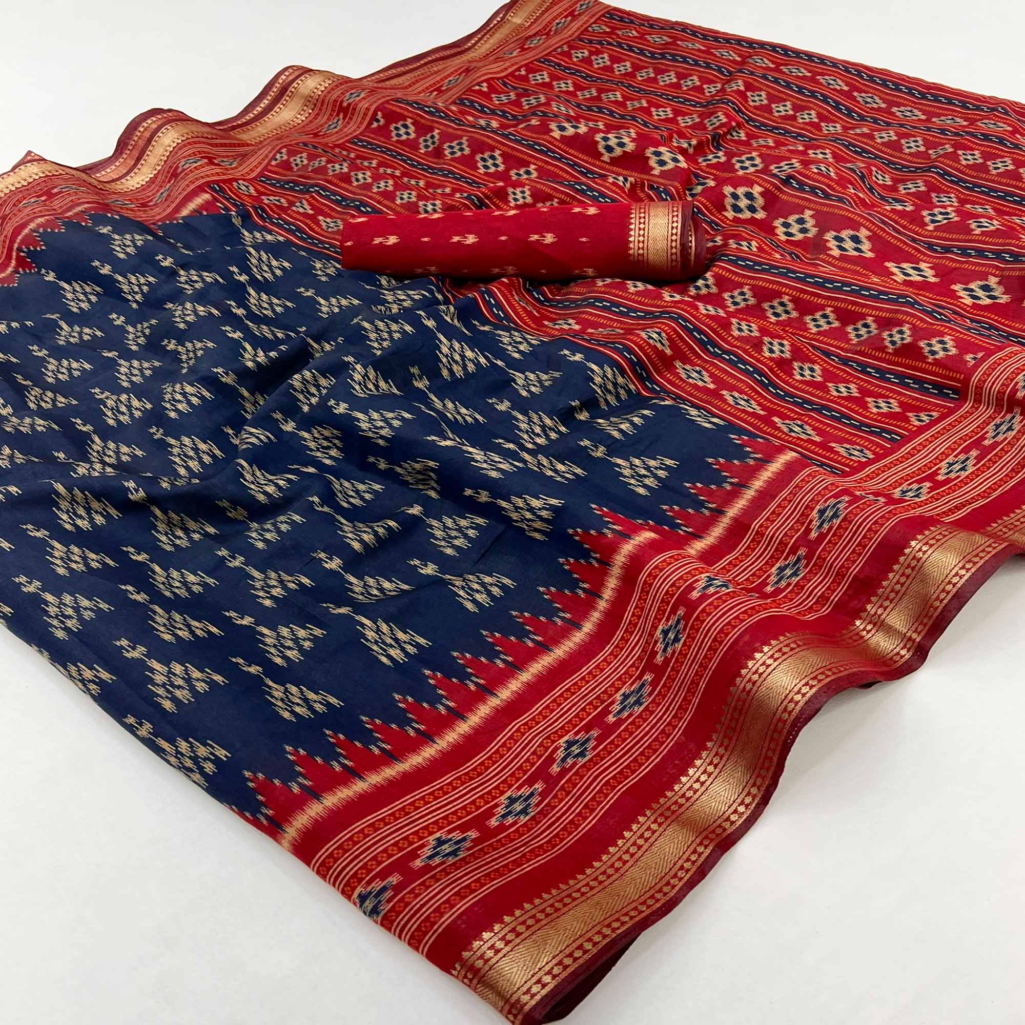 Soft Mulmul Cotton Saree in Navy Blue with Classic Patola Design