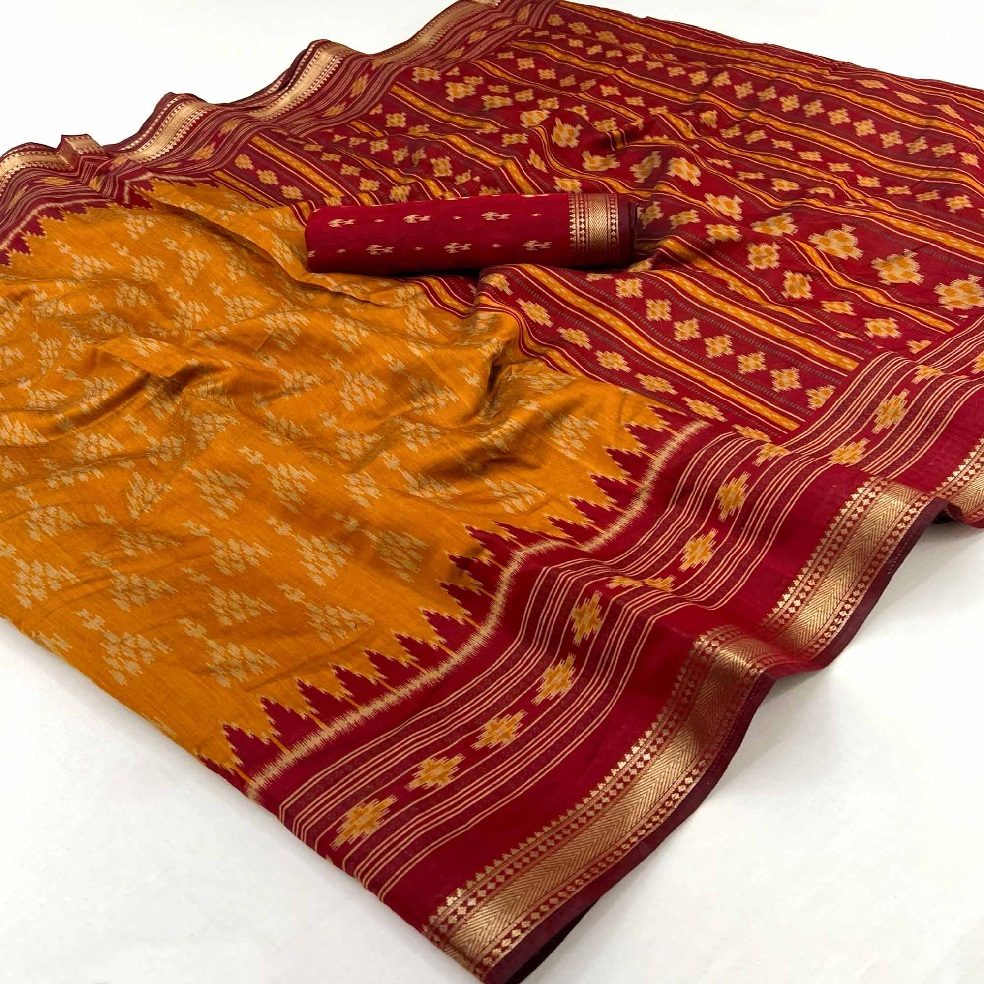 Soft Mulmul Cotton Saree in Mustard with Classic Patola Design