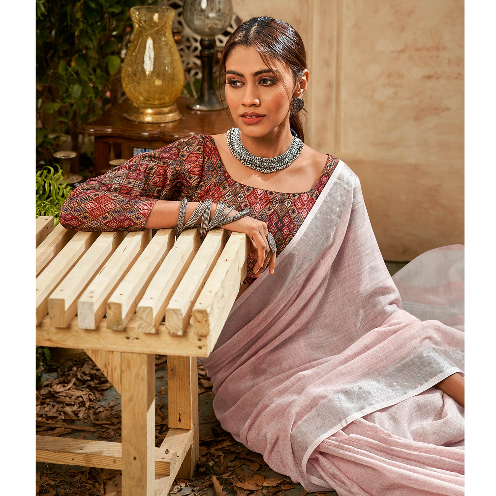 Peach Woven Pure Cotton Saree With Tassels