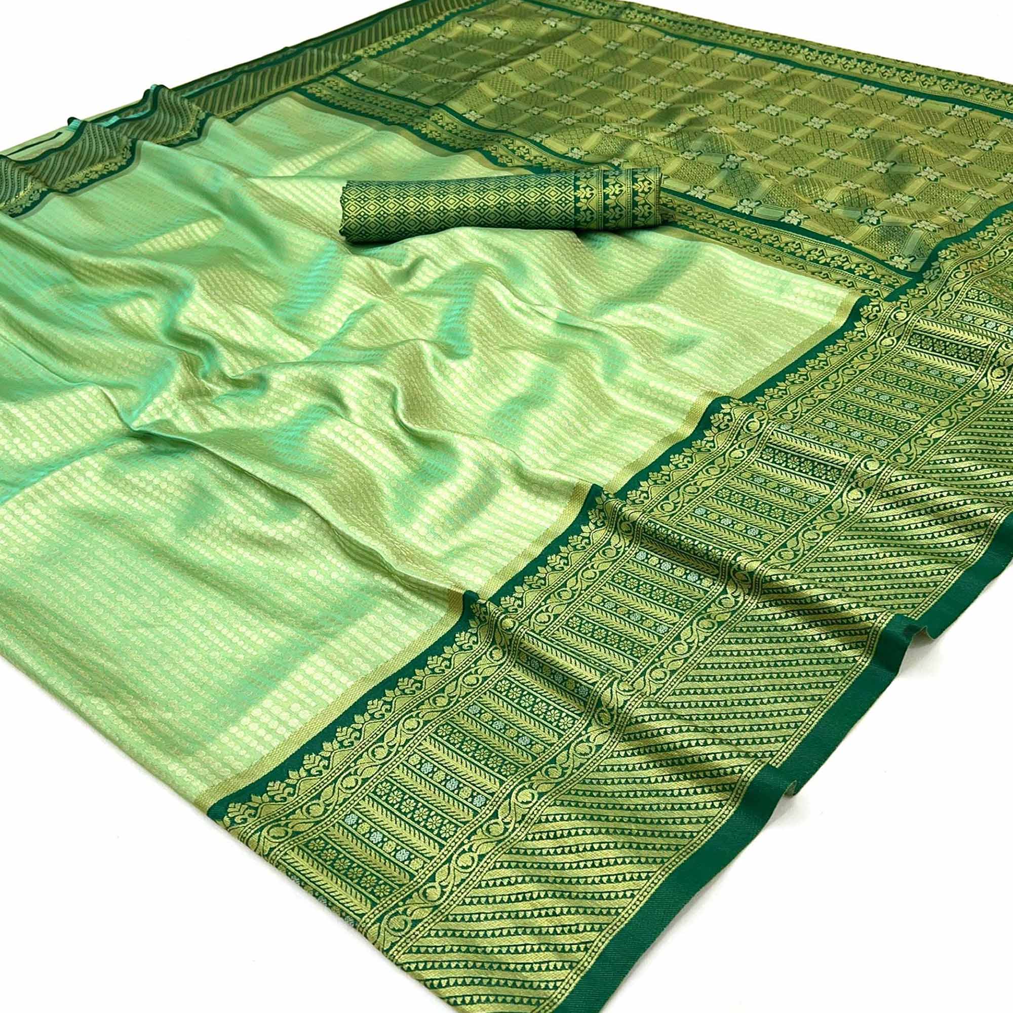 Green Tissue Silk Saree with Delicate Floral Zari Weaving