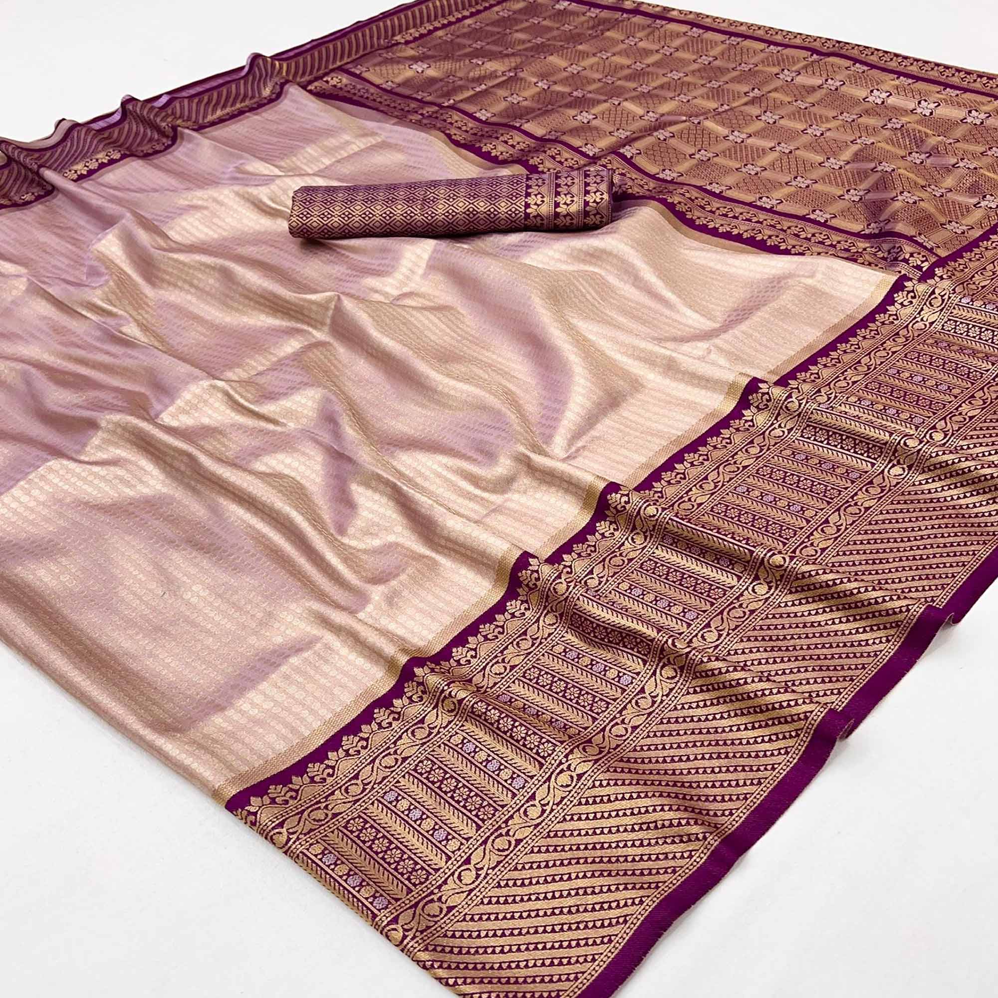 Onion Pink Tissue Silk Saree with Delicate Floral Zari Weaving