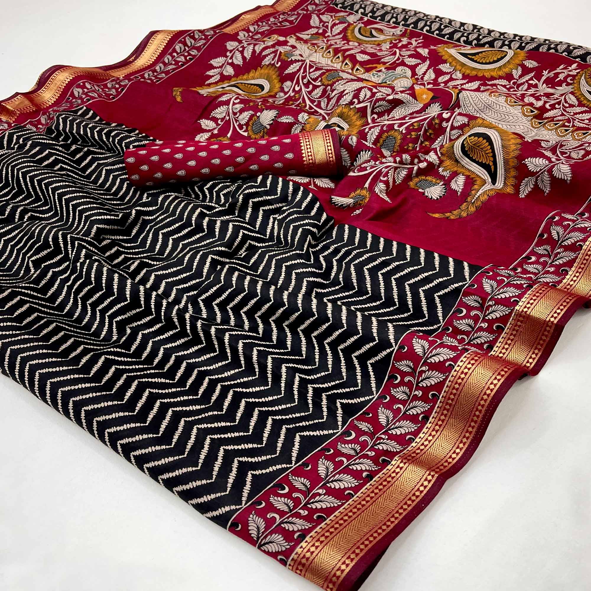 Black Mulmul Cotton Saree with Geometric Zig-Zag Design and Zari Trim