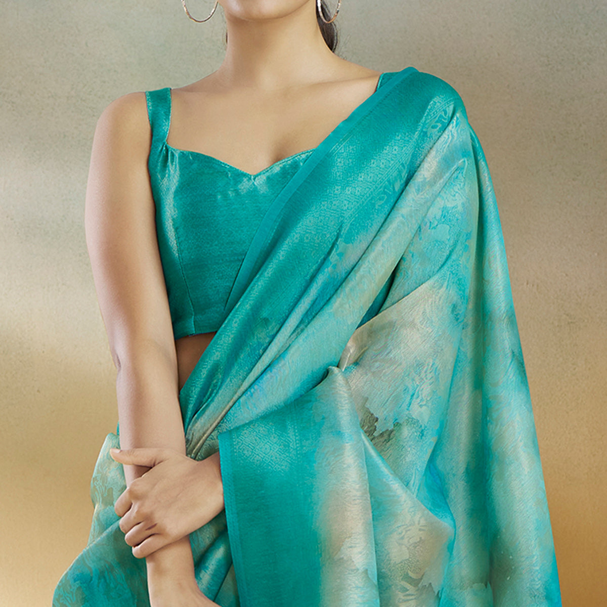 Turquoise Woven With Digital Printed Linen Saree