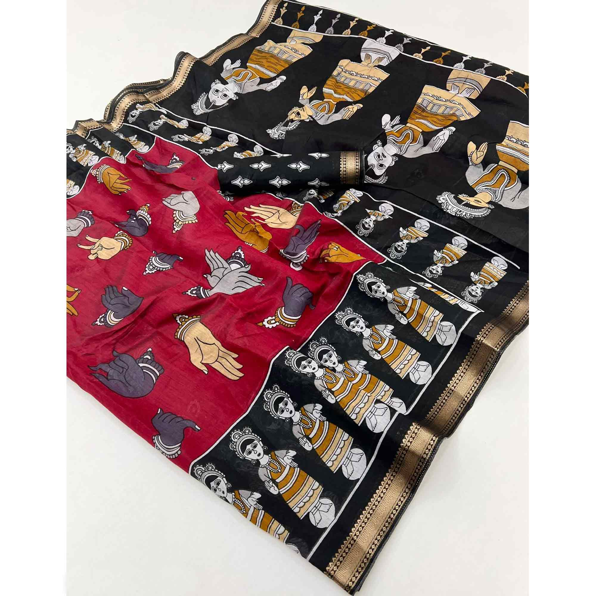 Maroon Folk Art Soft Mulmul Cotton Saree with Traditional Motifs