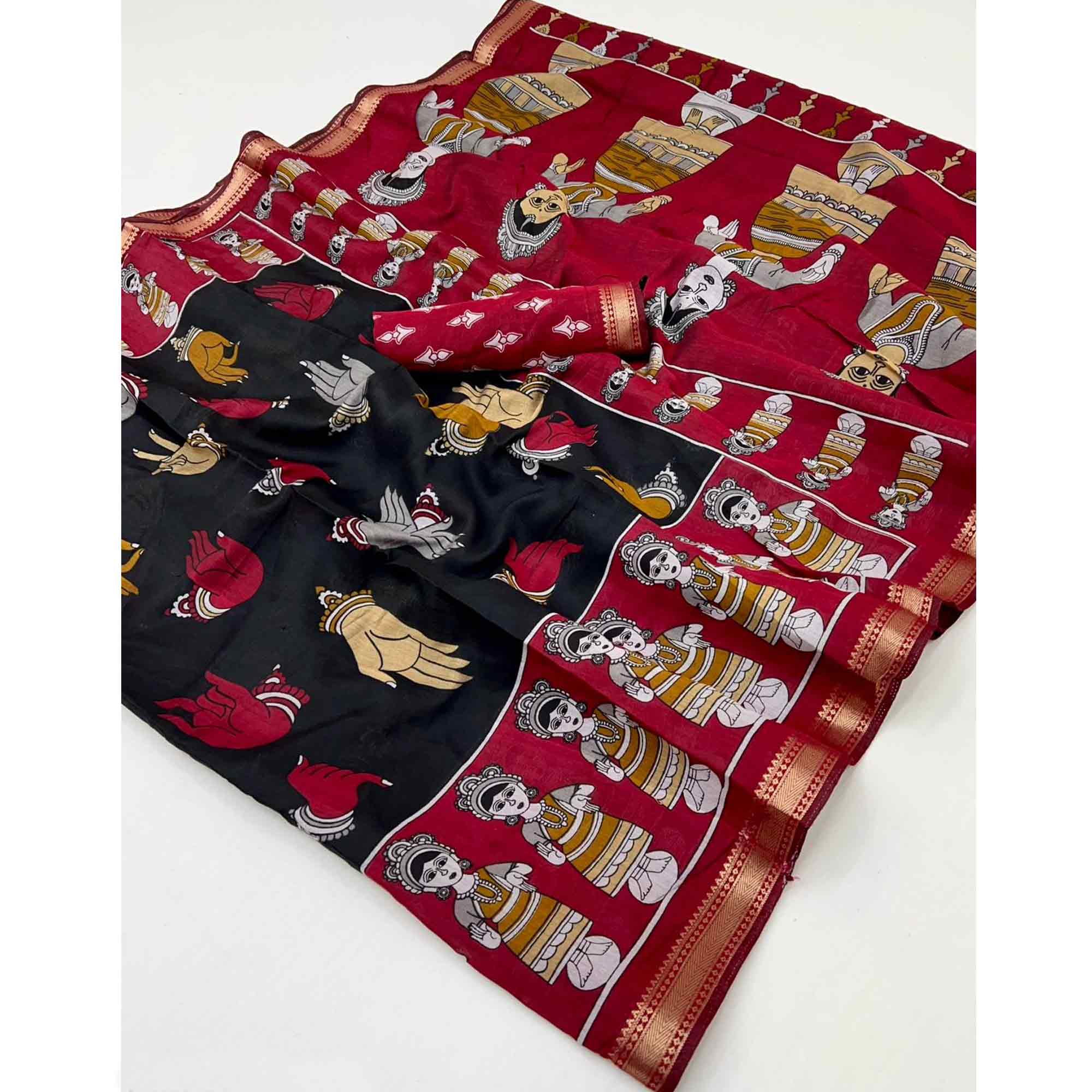 Black Folk Art Soft Mulmul Cotton Saree with Traditional Motifs