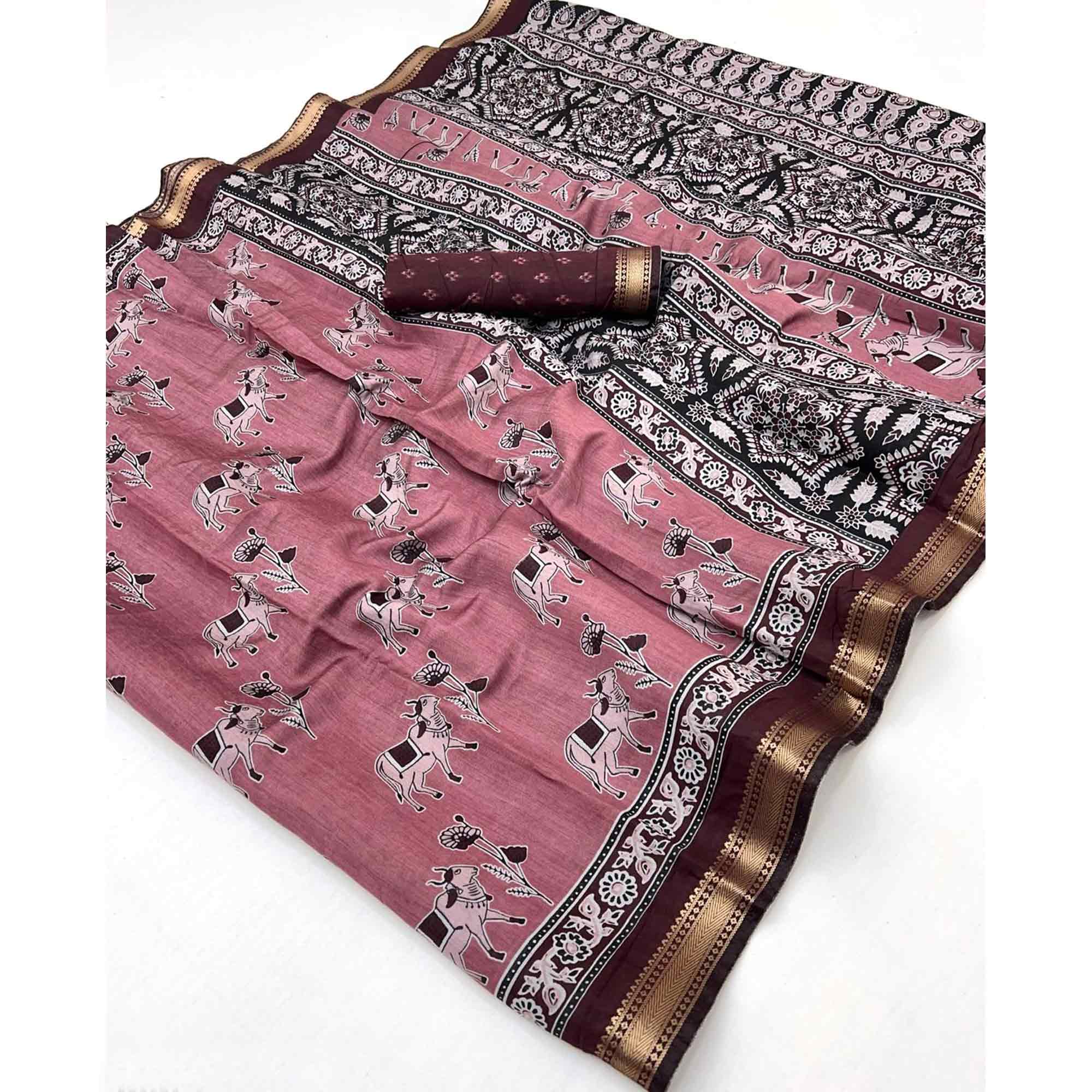 Mauve Rustic Handblock Folk Printed Mulmul Cotton Saree