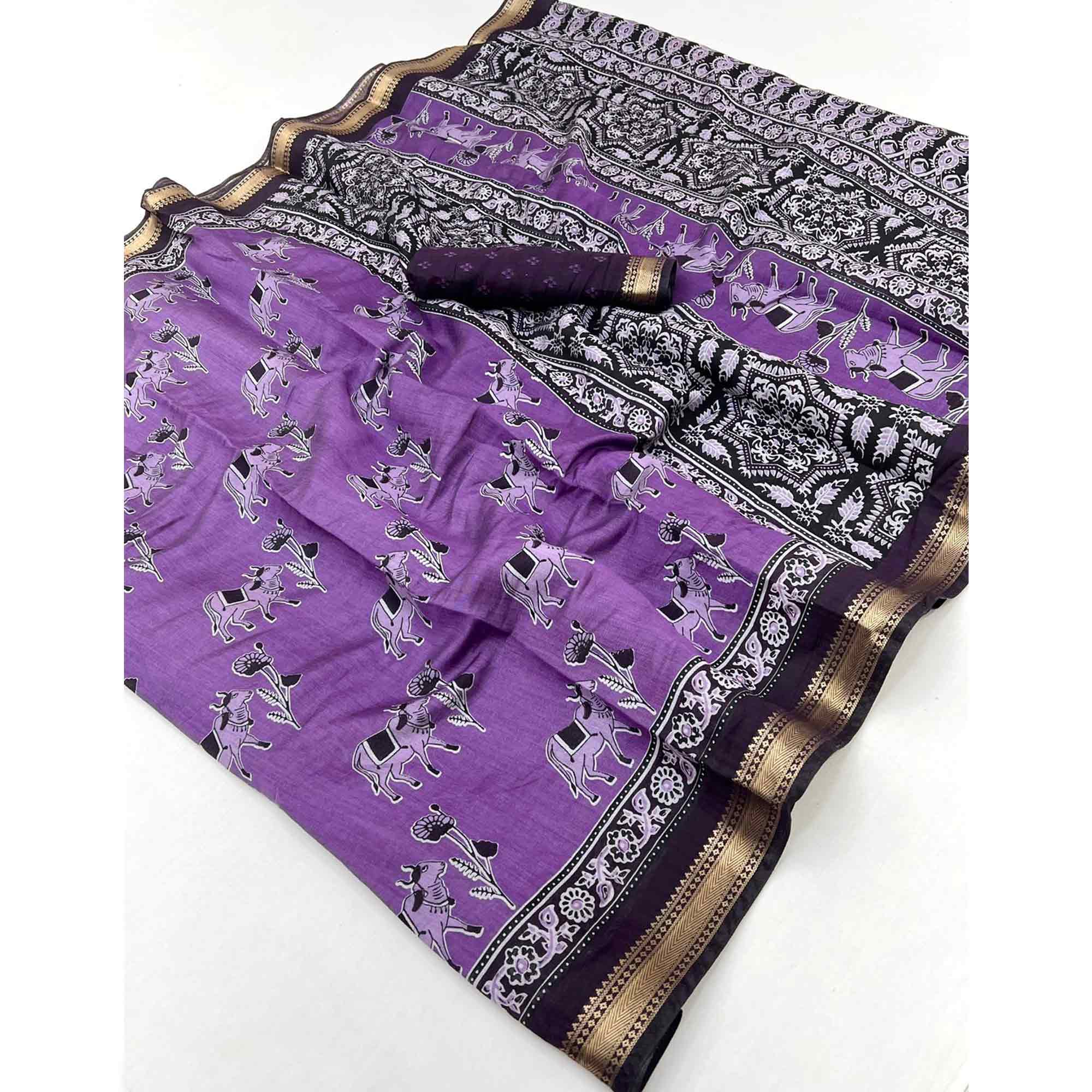 Lavender Rustic Handblock Folk Printed Mulmul Cotton Saree