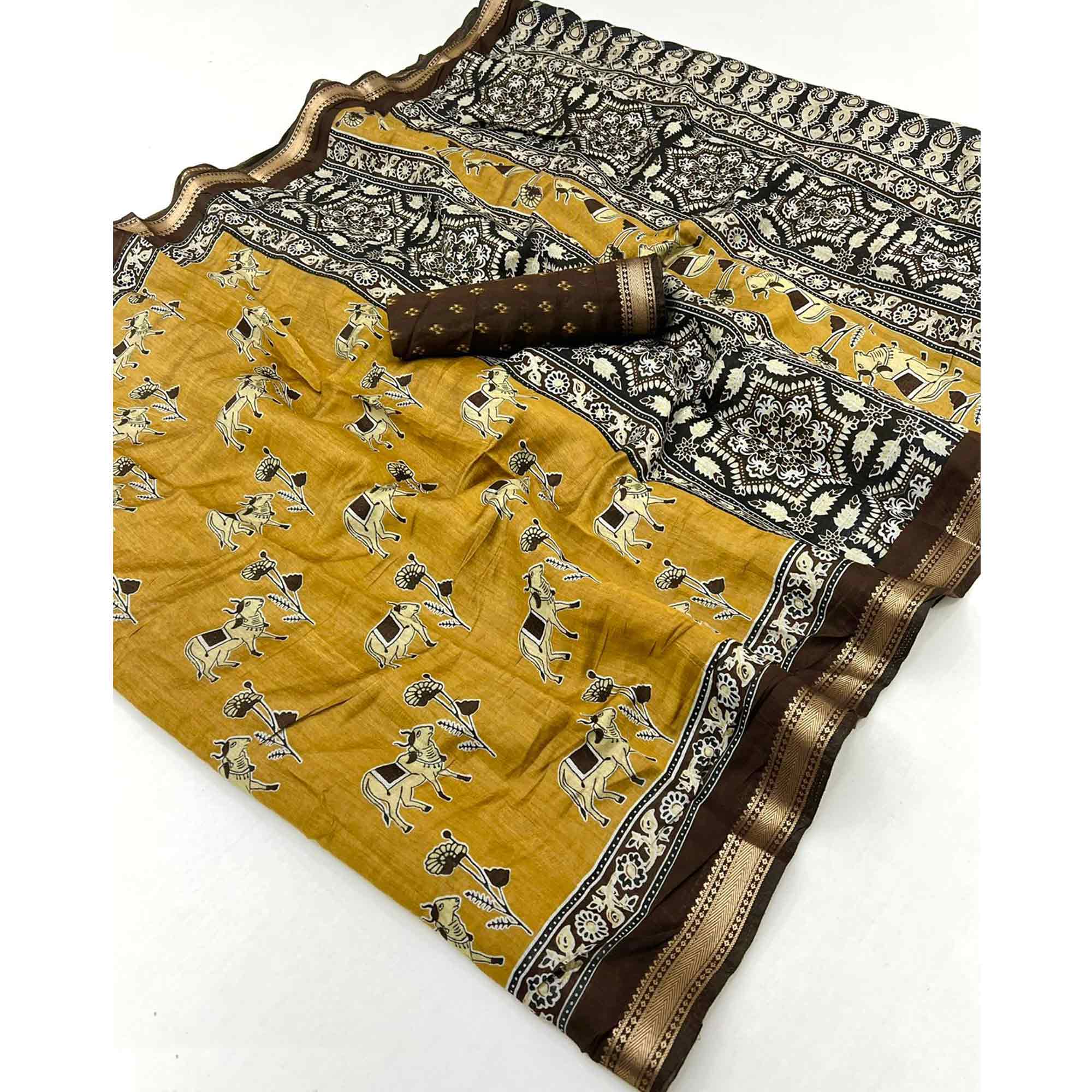 Mustard Rustic Handblock Folk Printed Mulmul Cotton Saree