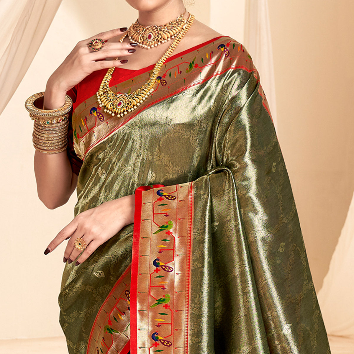 Olive Green Woven Tissue Paithani Saree With Tassels