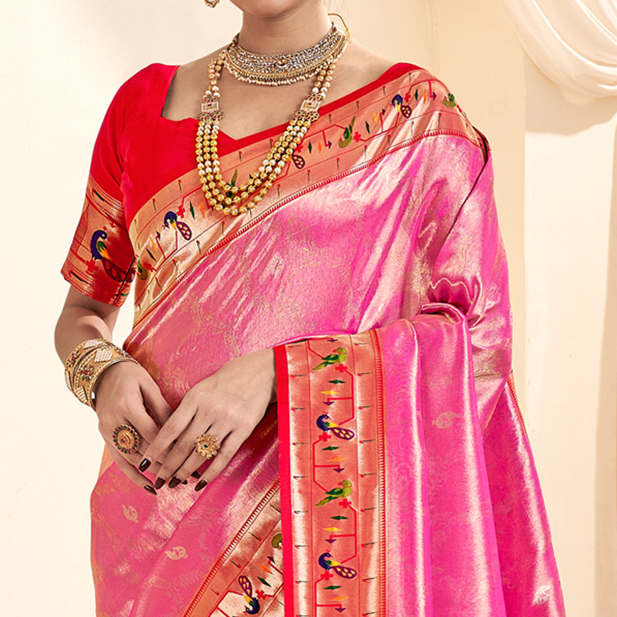 Pink Woven Tissue Paithani Saree With Tassels