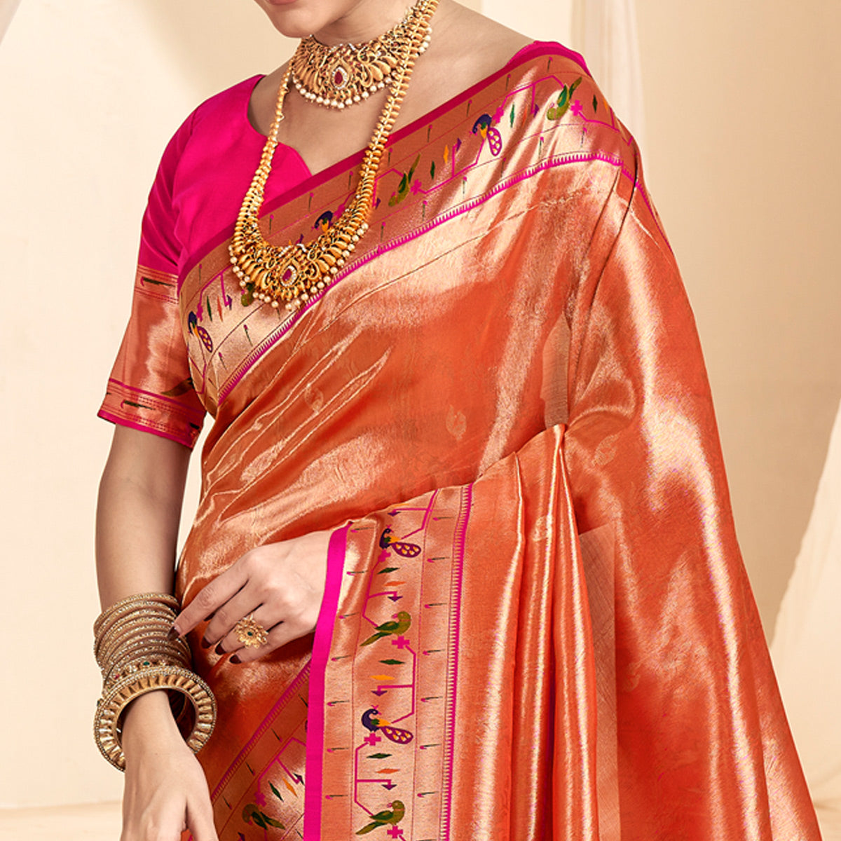 Orange Woven Tissue Paithani Saree With Tassels