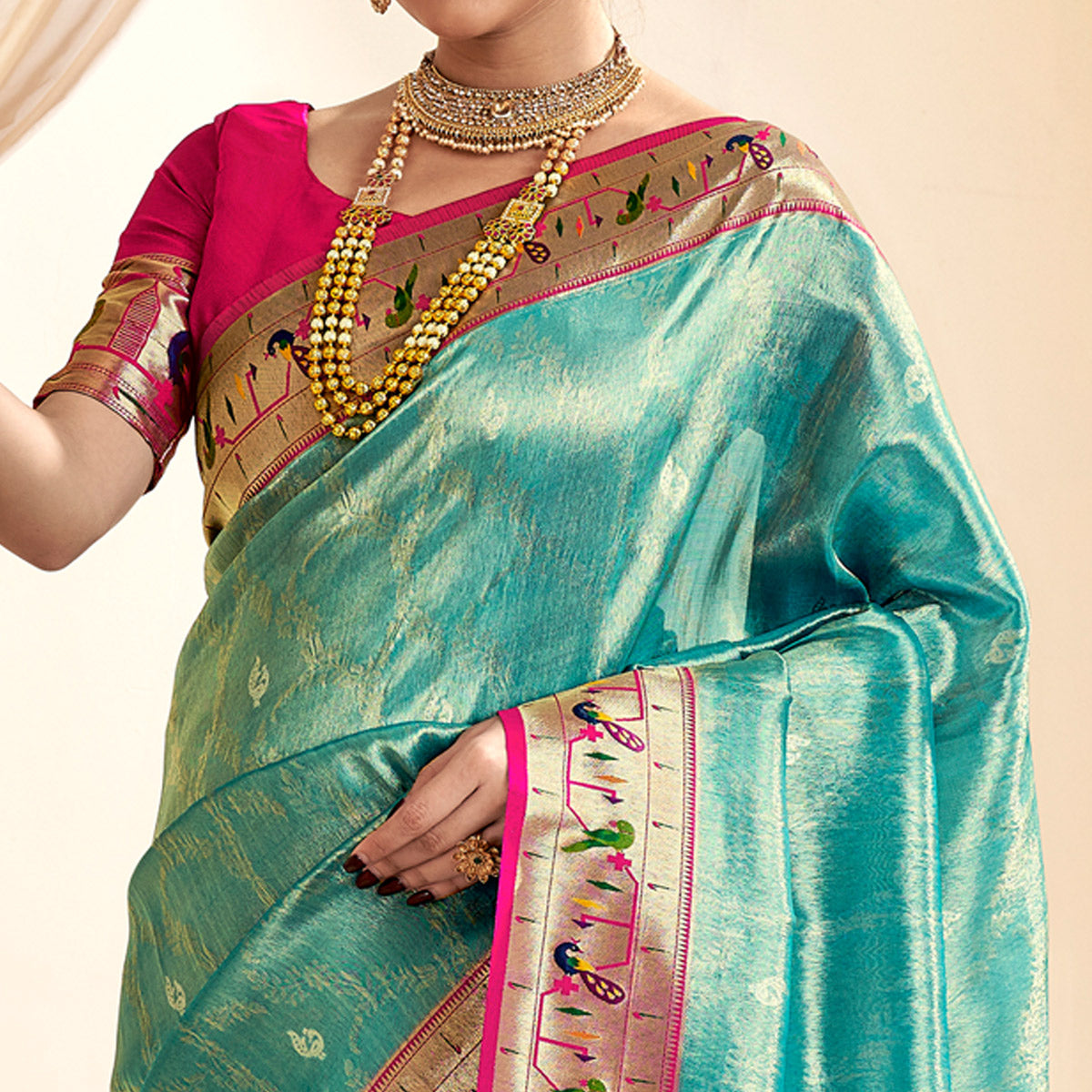 Turquoise Woven Tissue Paithani Saree With Tassels