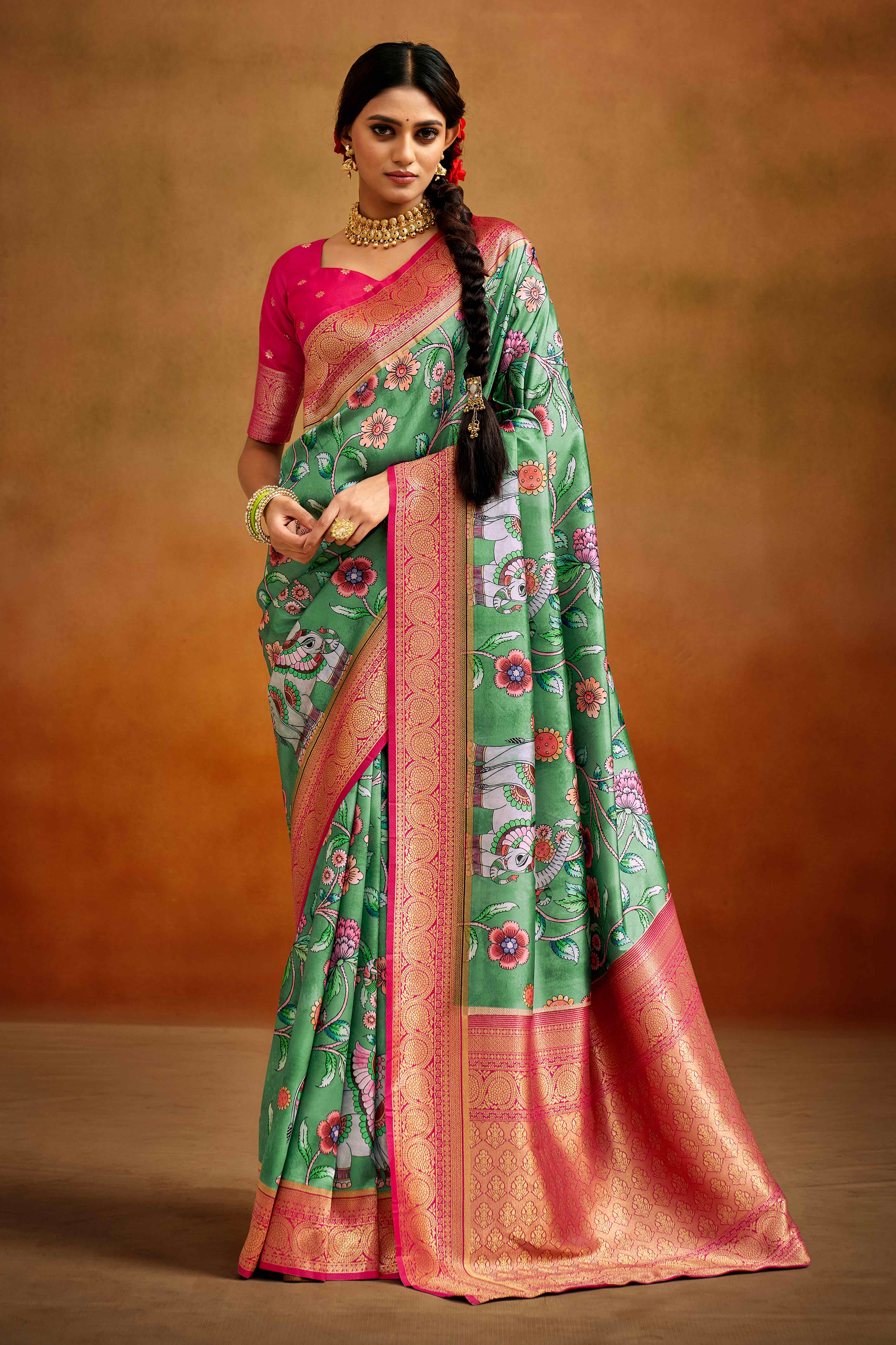 Sea Green Kalamkari Printed Tussar Silk Saree With Banarasi Border