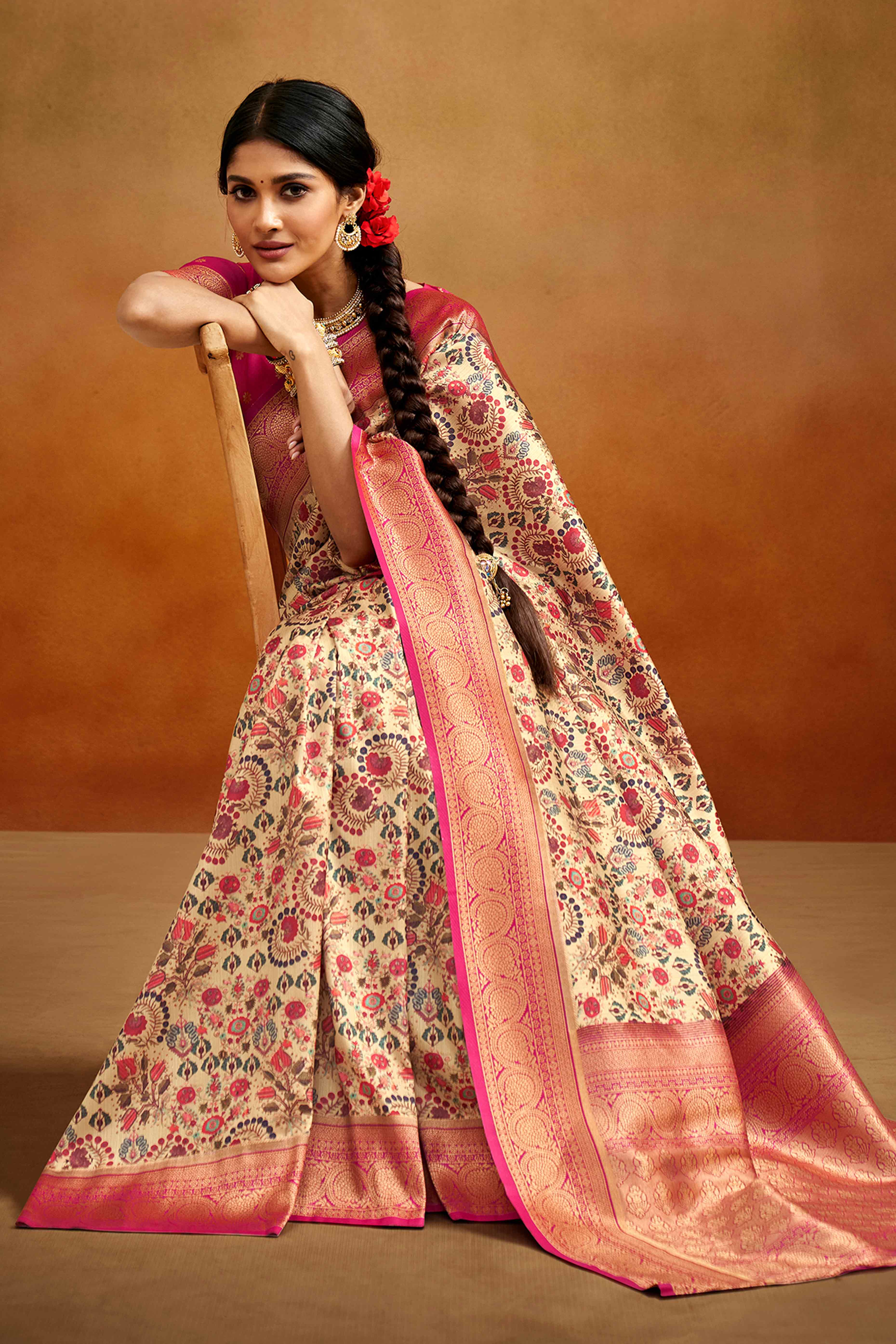 Off White Kalamkari Printed Tussar Silk Saree With Banarasi Border