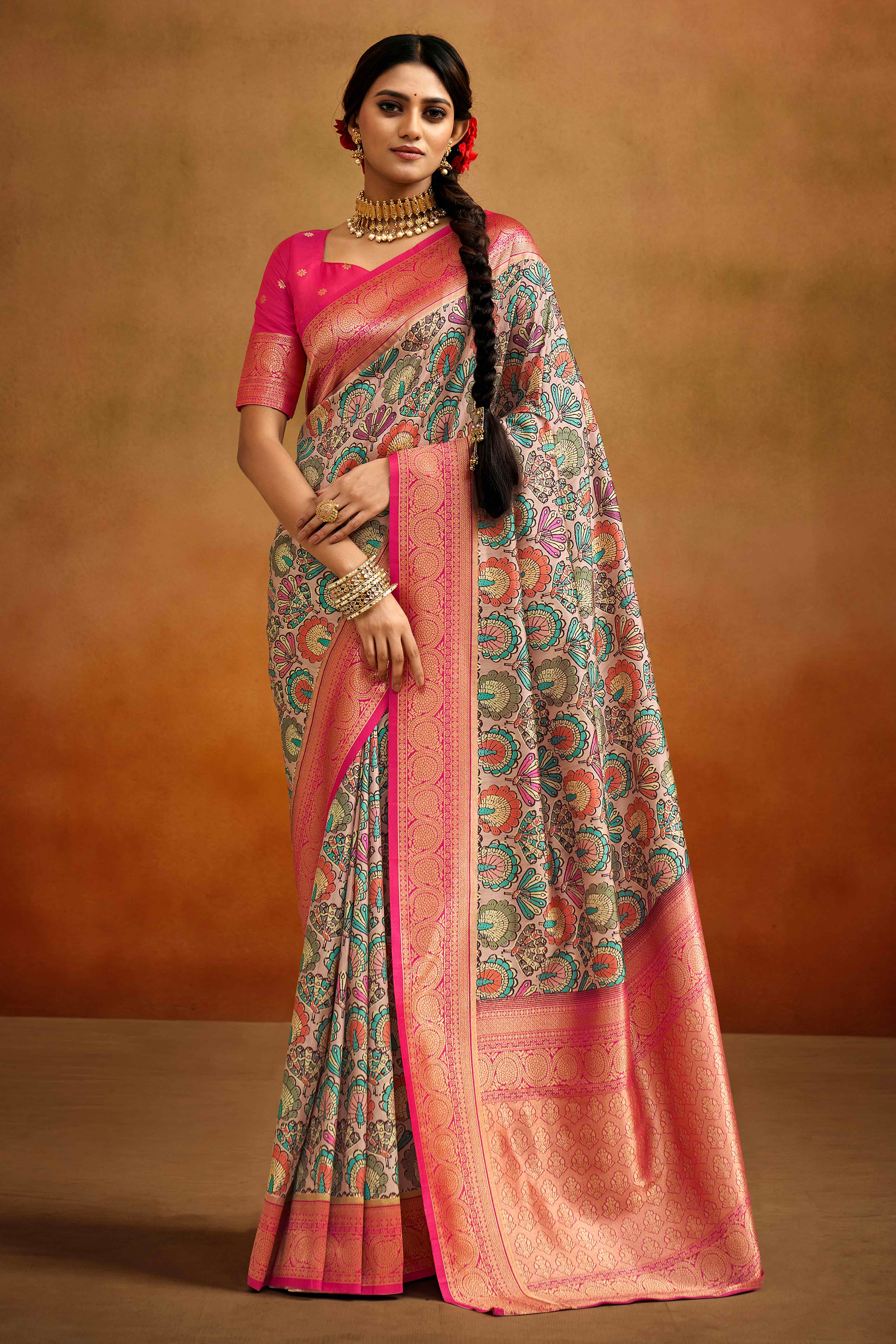 Peach Kalamkari Printed Tussar Silk Saree With Banarasi Border
