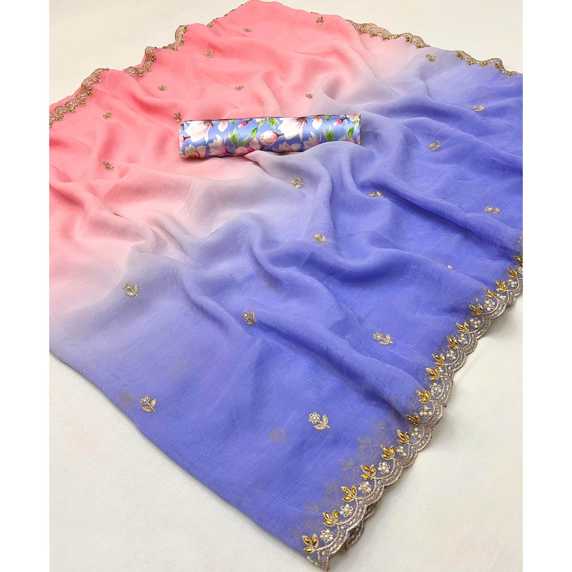 Ombre Peach & Violet Georgette Drape with Embroidered Florals