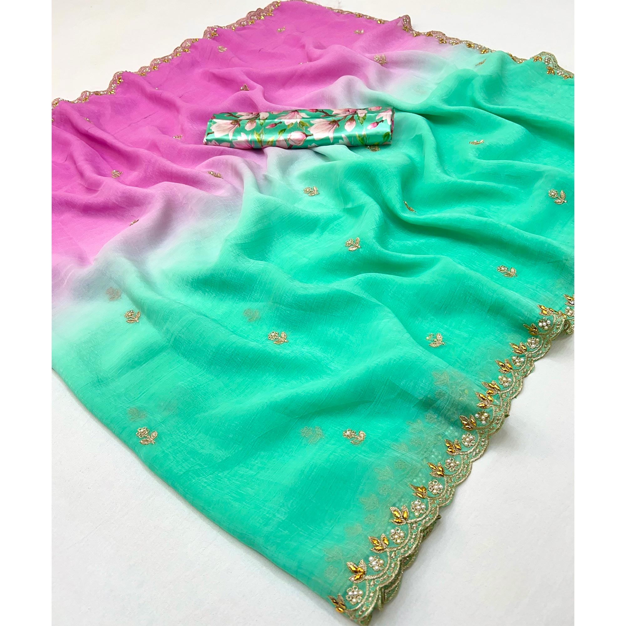 Ombre Pink & Turquoise Georgette Drape with Embroidered Florals