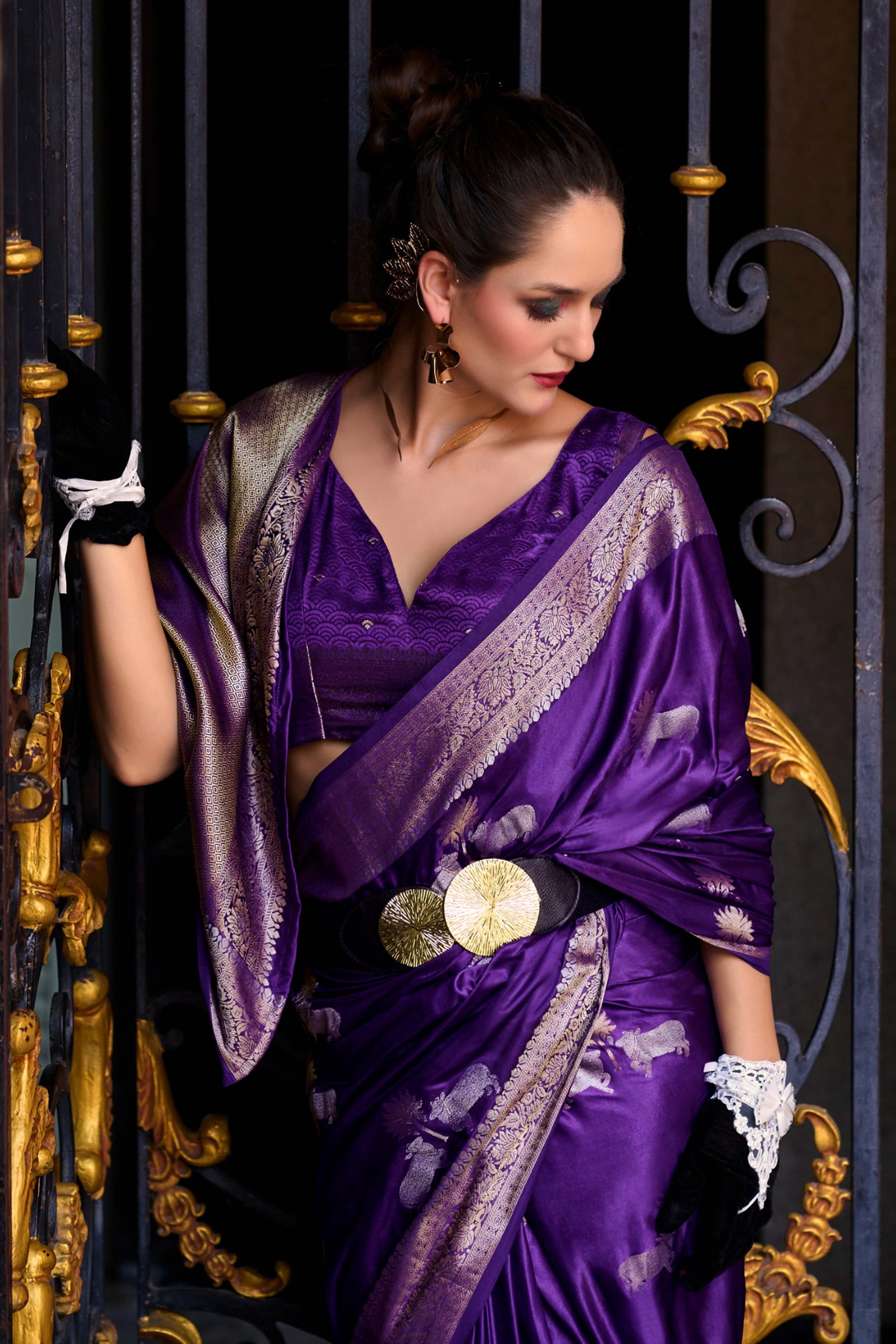 16Dark Purple Satin Saree with Floral Zari Weaving