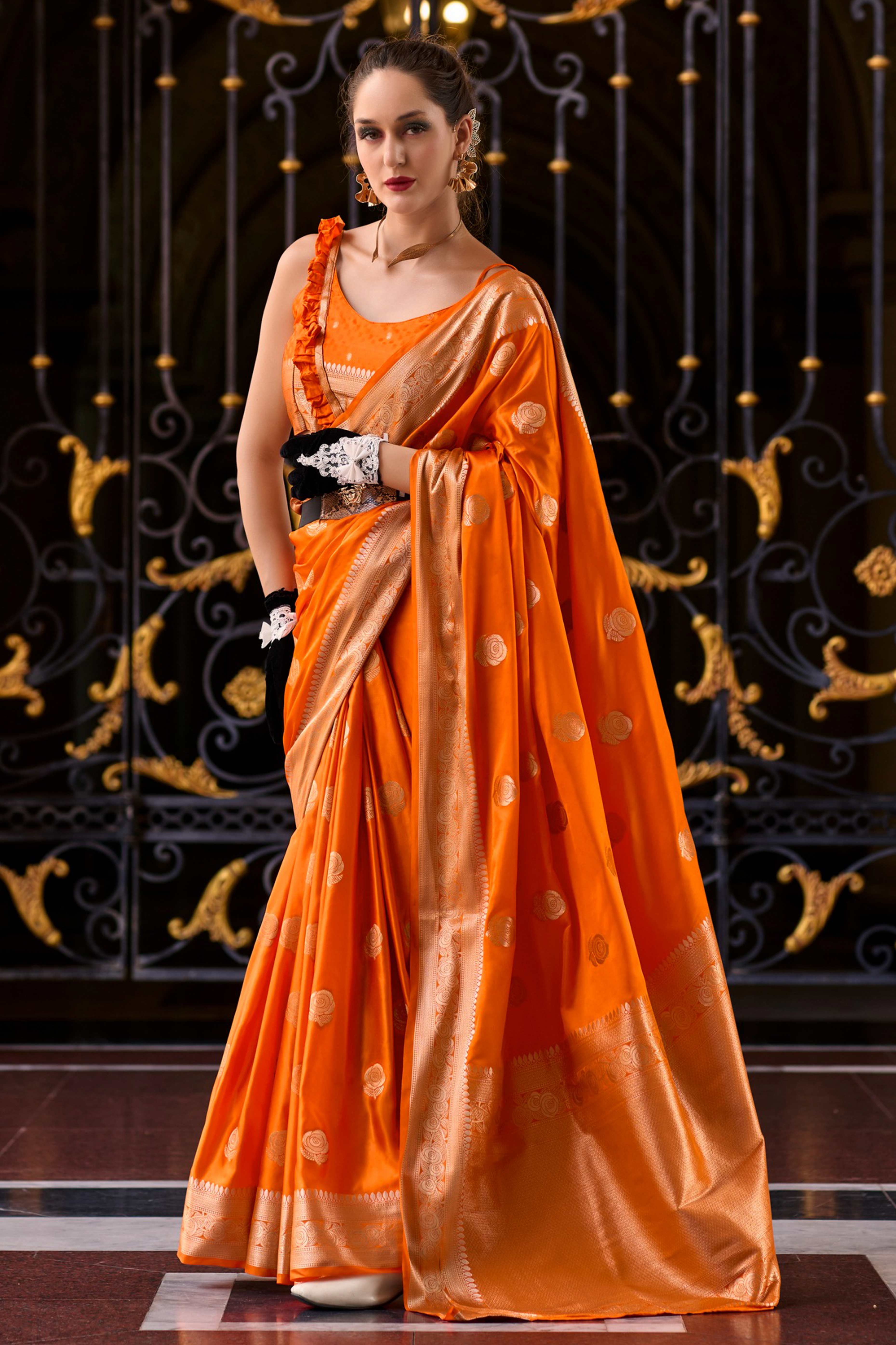 20Orange Satin Saree with Floral Zari Weaving