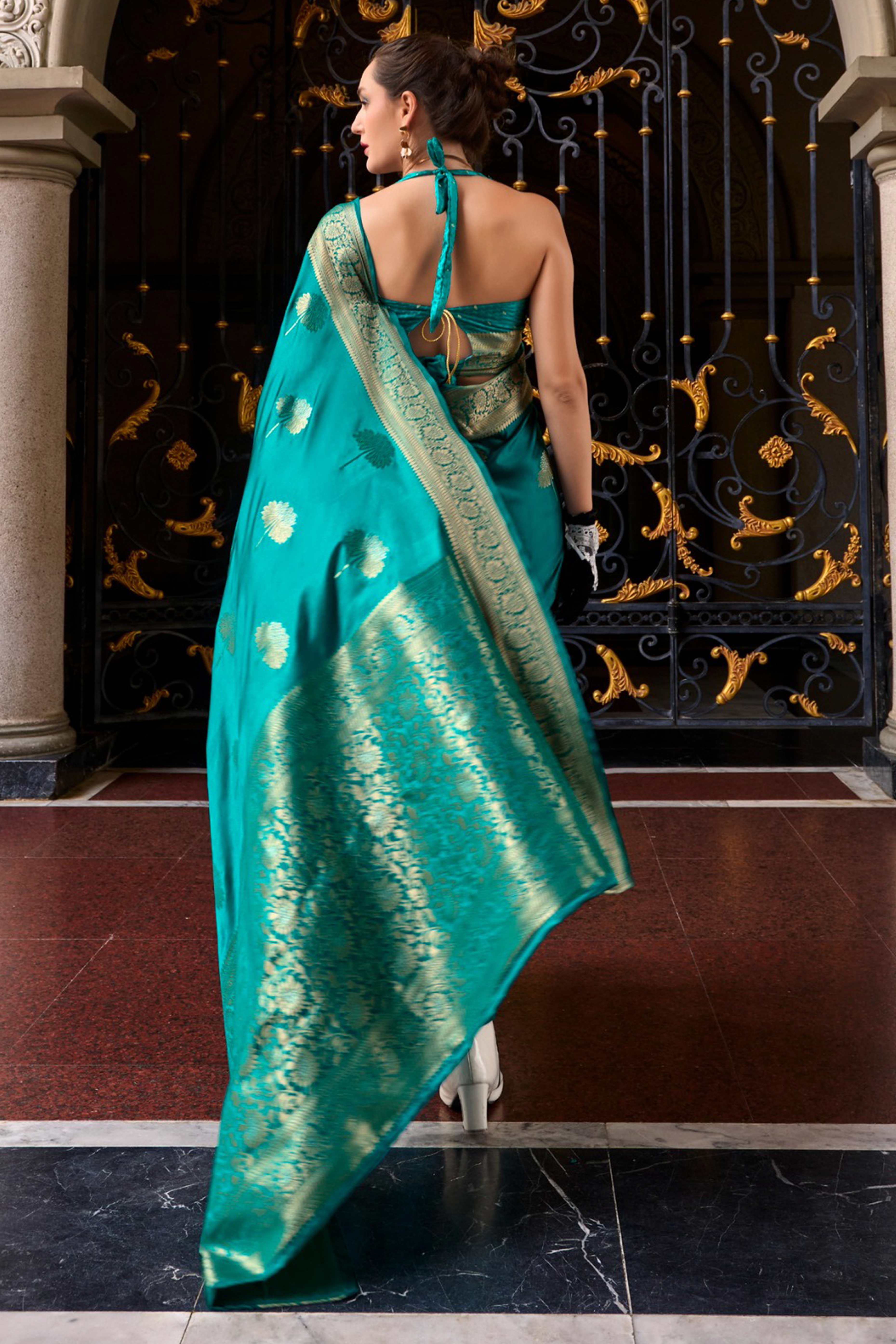 22Rama Blue Satin Saree with Floral Zari Weaving