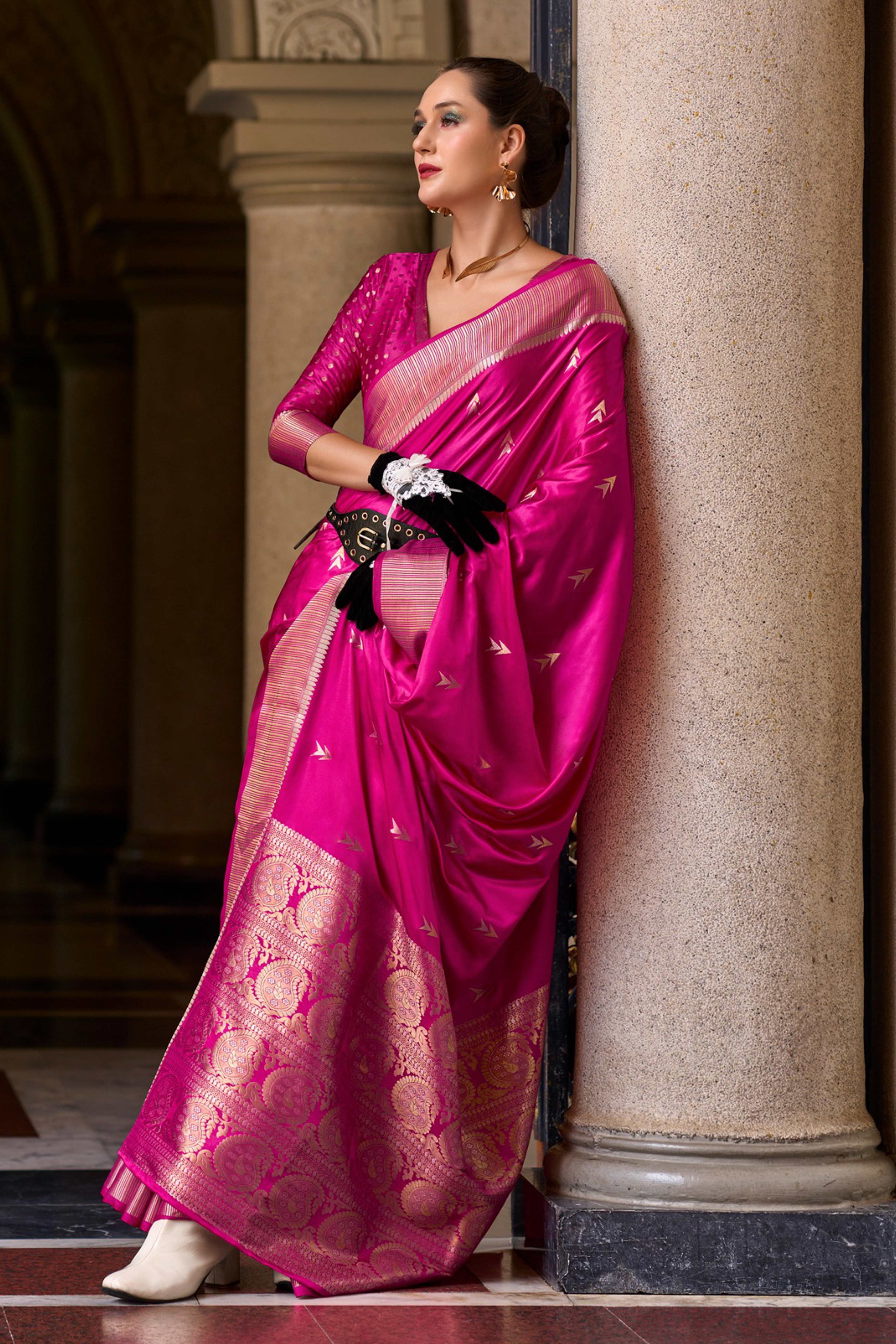 23Pink Satin Saree with Floral Zari Weaving