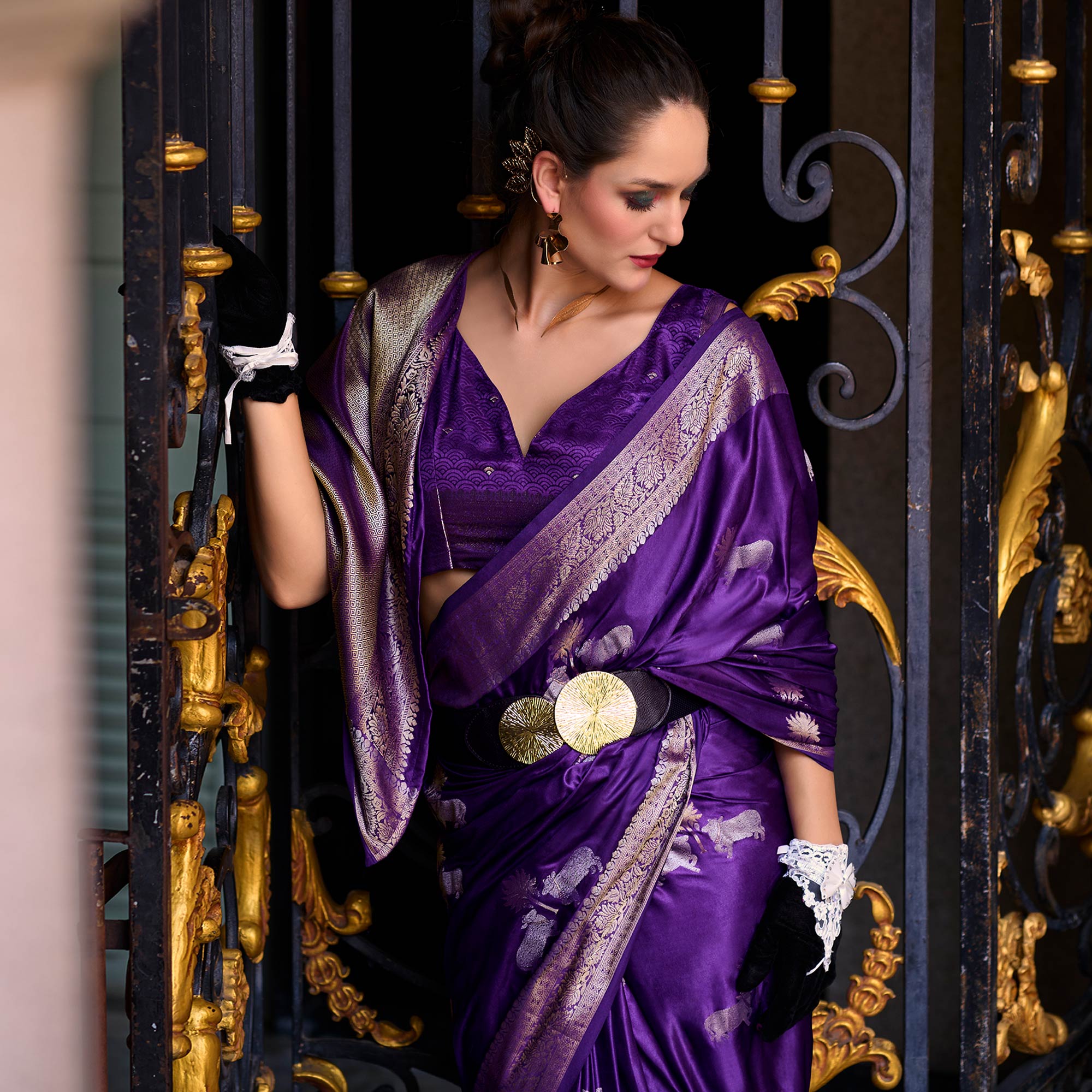 Violet Floral Woven Satin Silk Saree