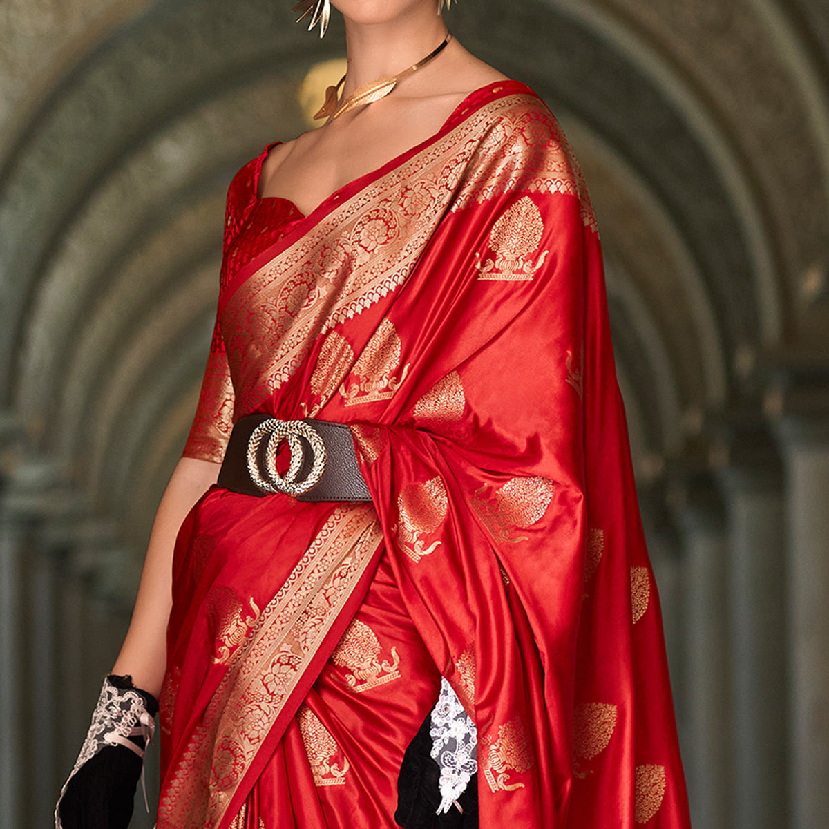 Red Floral Woven Satin Silk Saree