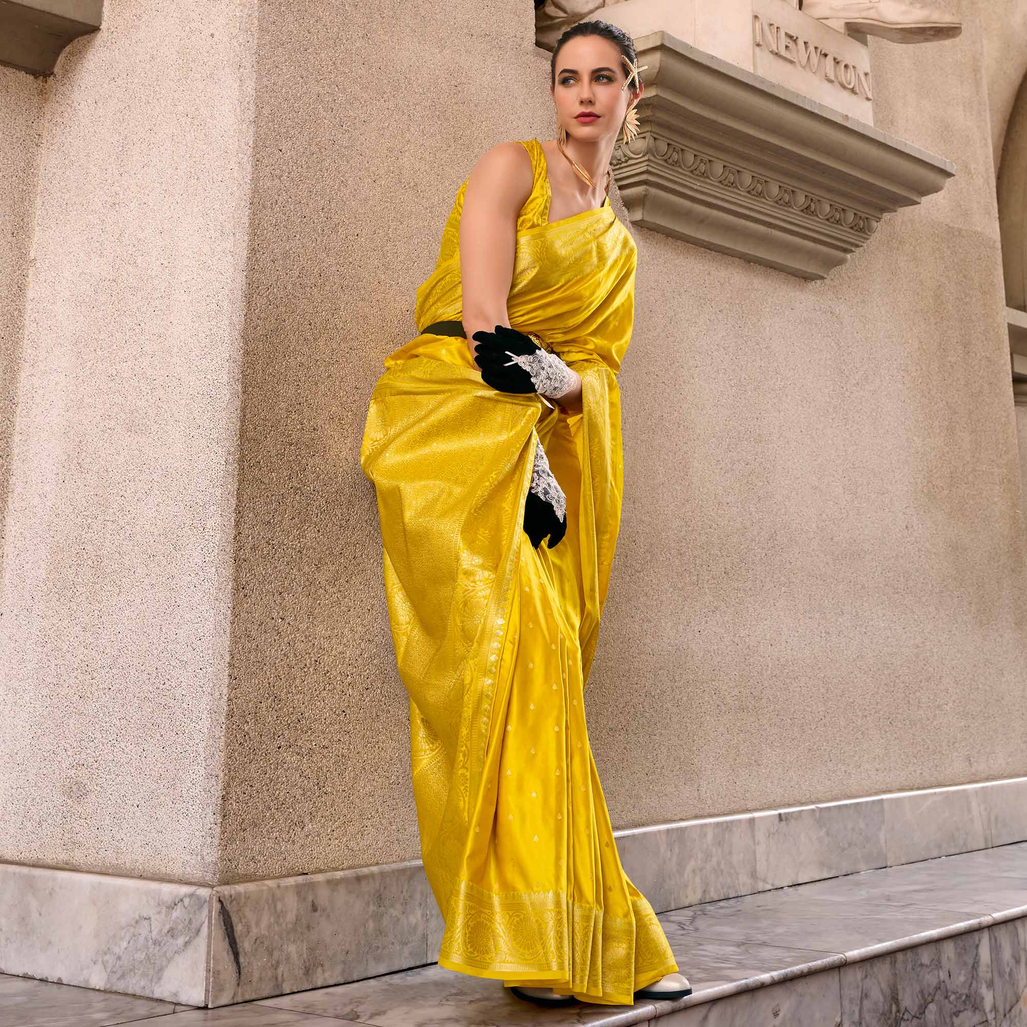 Yellow Floral Woven Satin Silk Saree