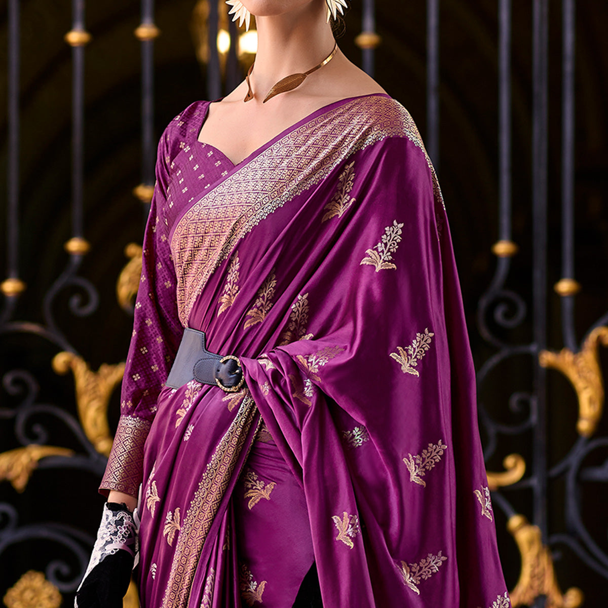 Purple Floral Woven Satin Silk Saree