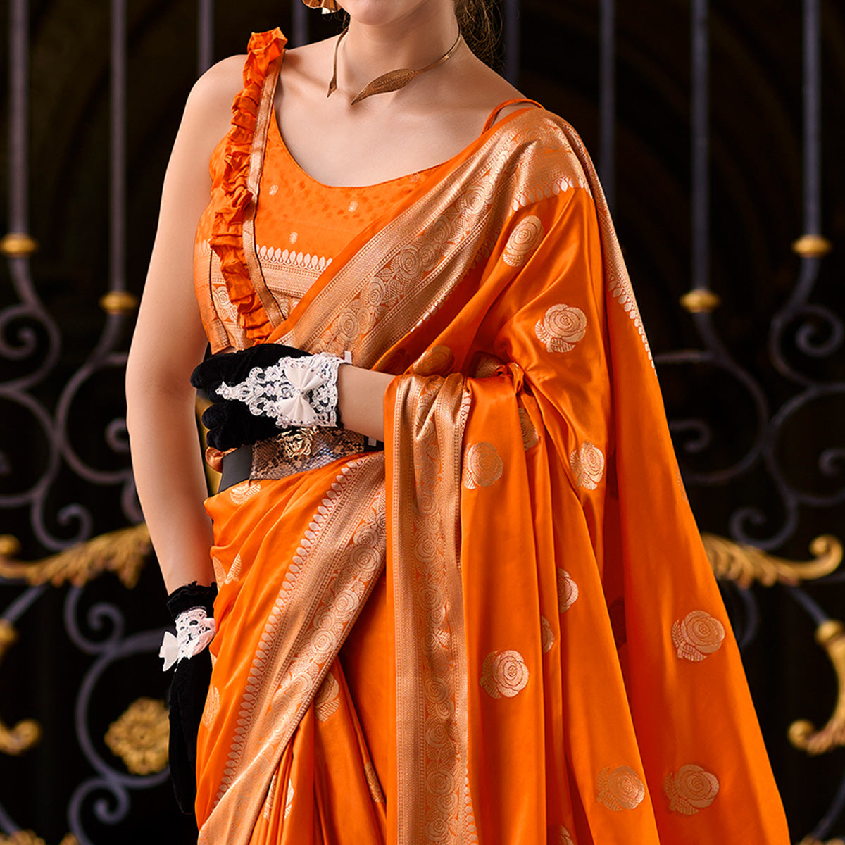 Orange Floral Woven Satin Silk Saree