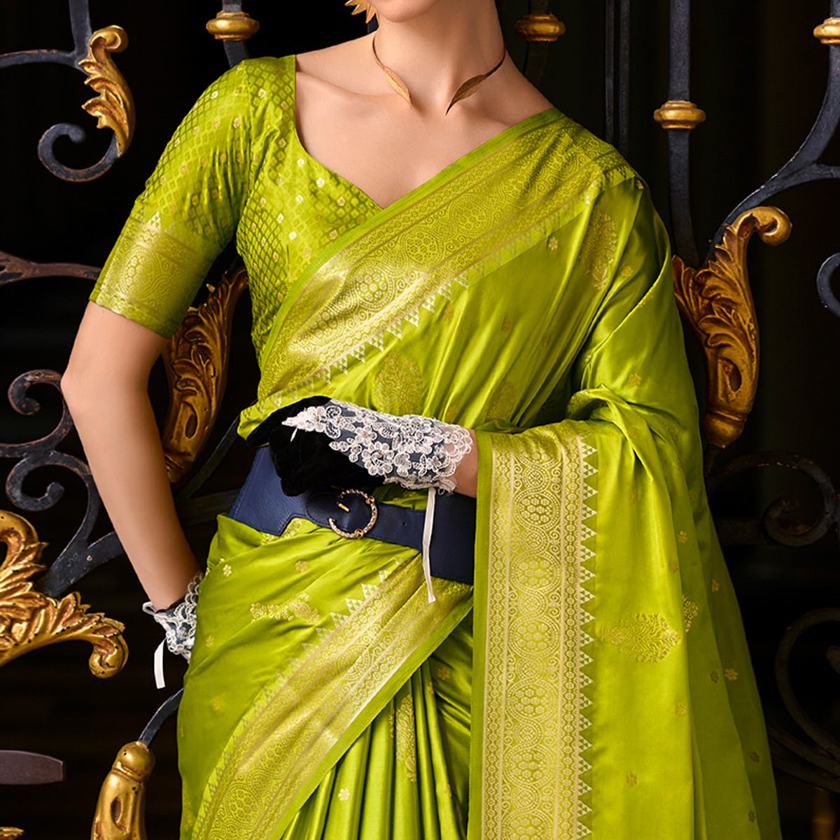 Green Floral Woven Satin Silk Saree