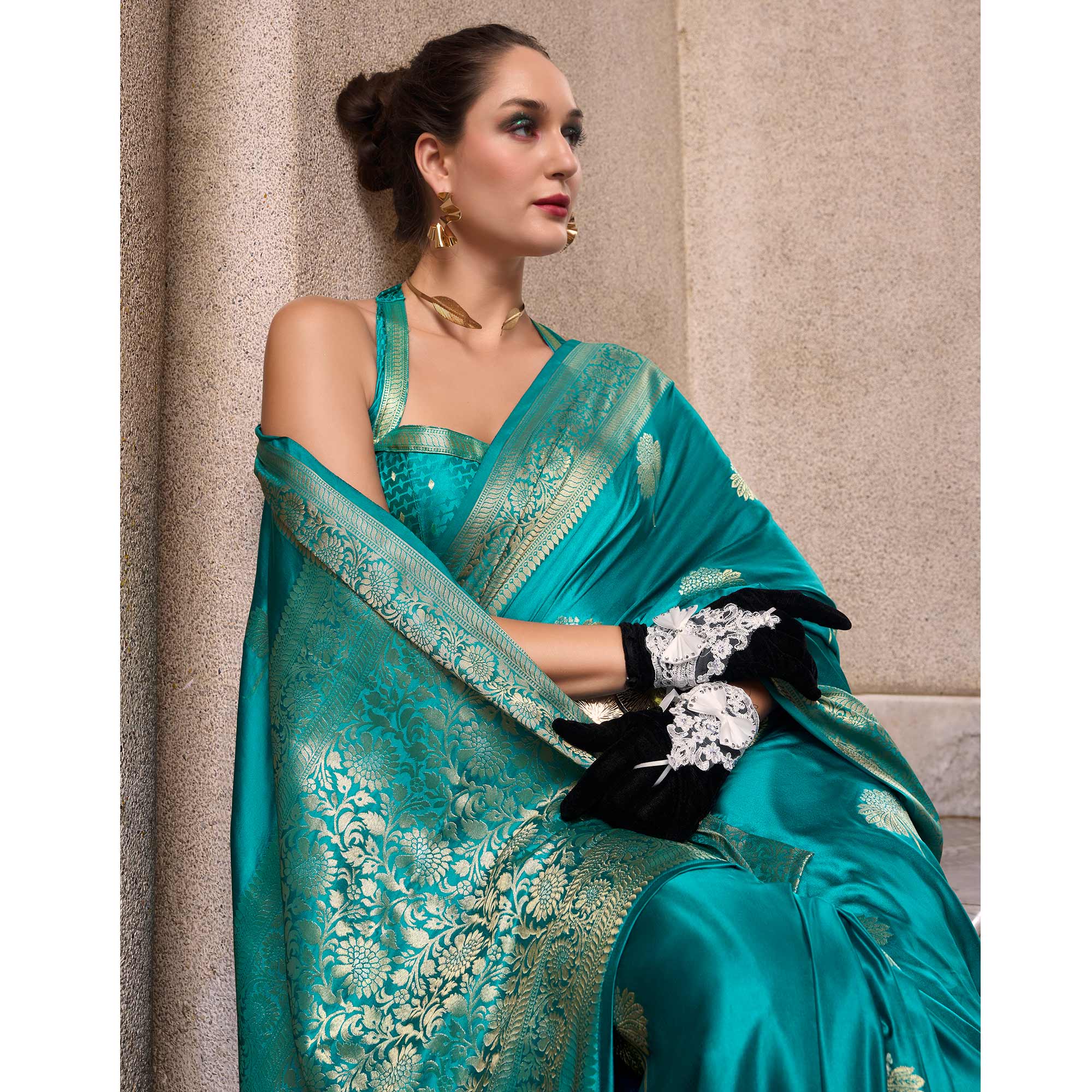Turquoise Floral Woven Satin Silk Saree