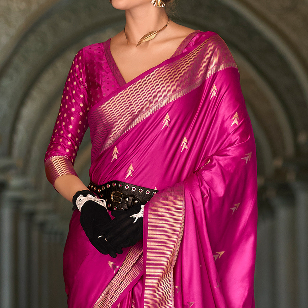 Rani Pink Floral Woven Satin Silk Saree