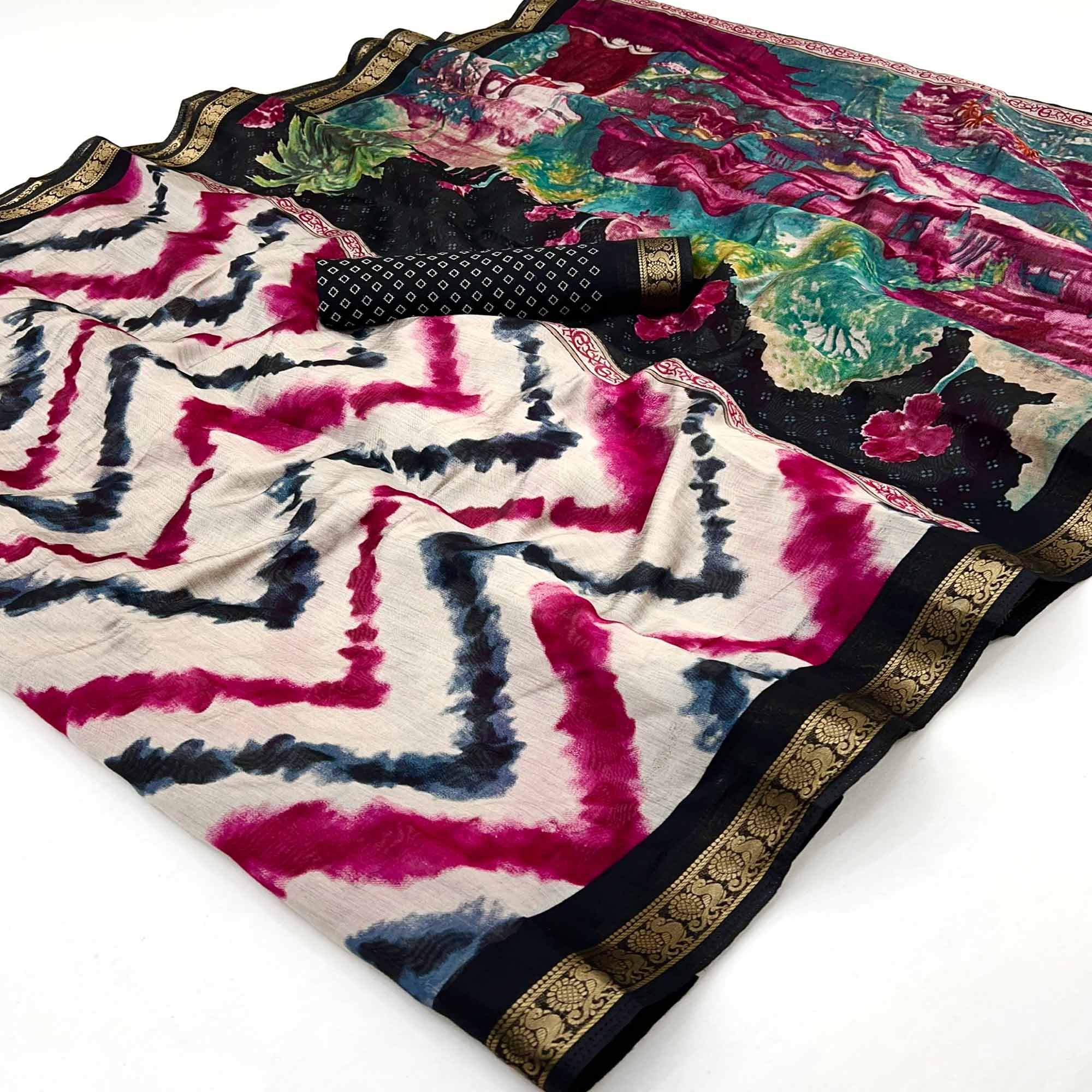 Off White & Black Dual Shade Saree with Artistic Leheriya Prints in Cotton Silk