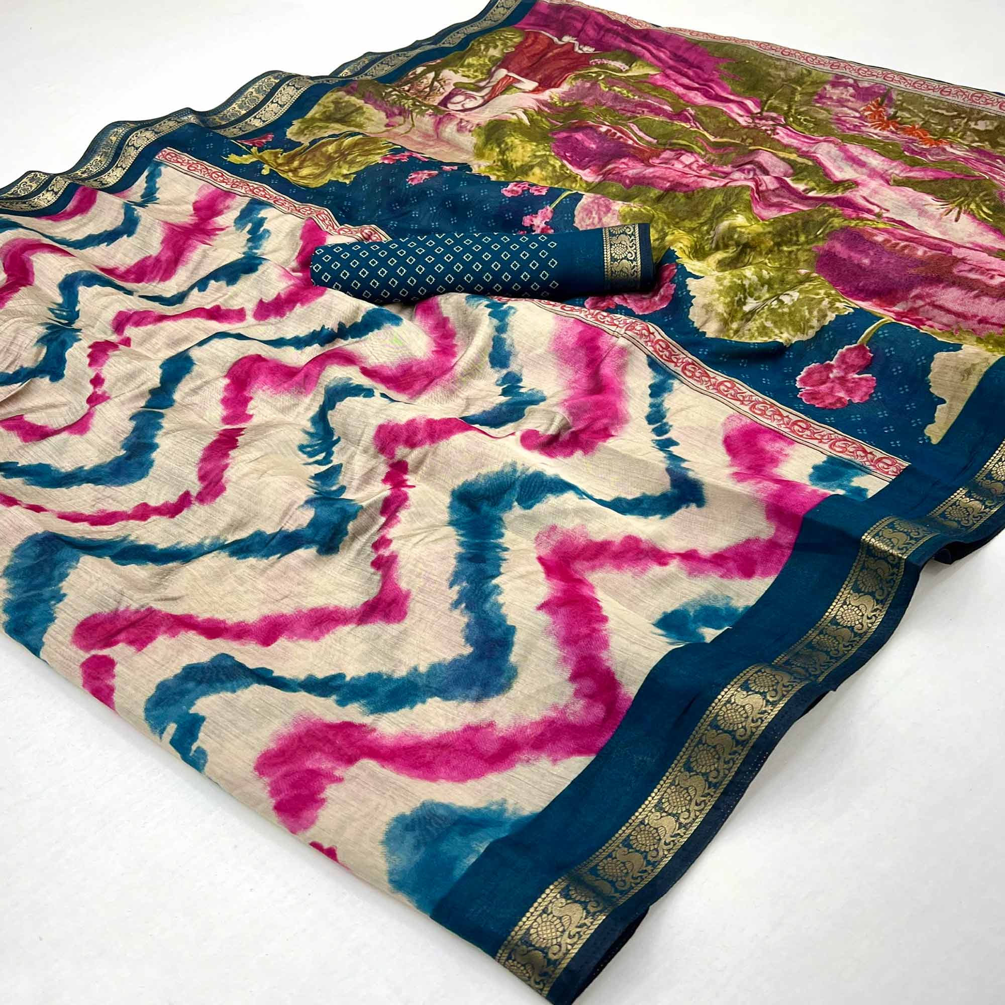 Off White & Blue Dual Shade Saree with Artistic Leheriya Prints in Cotton Silk