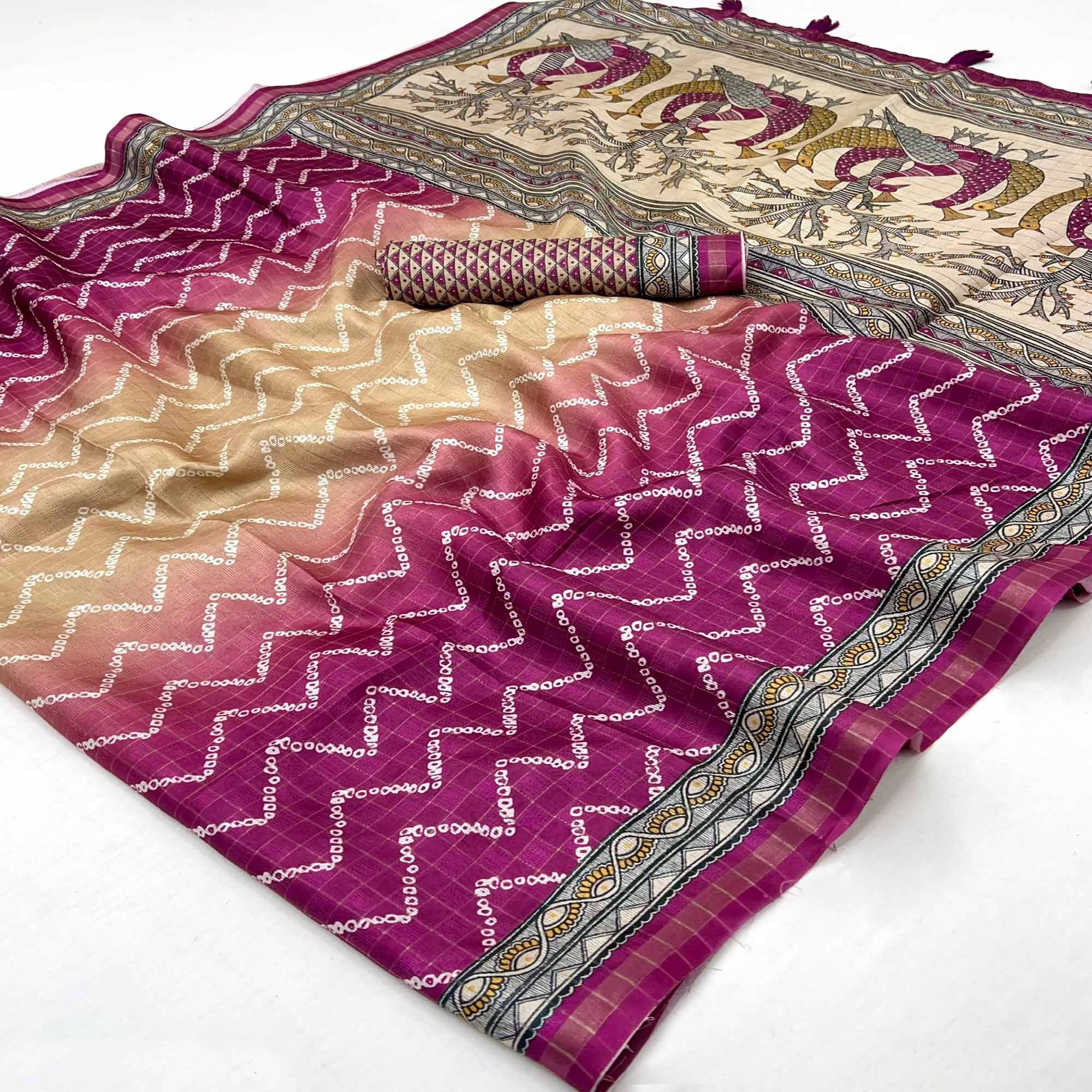 Beige & Purple Maheshwari Cotton Silk Saree with Zig-Zag Pattern