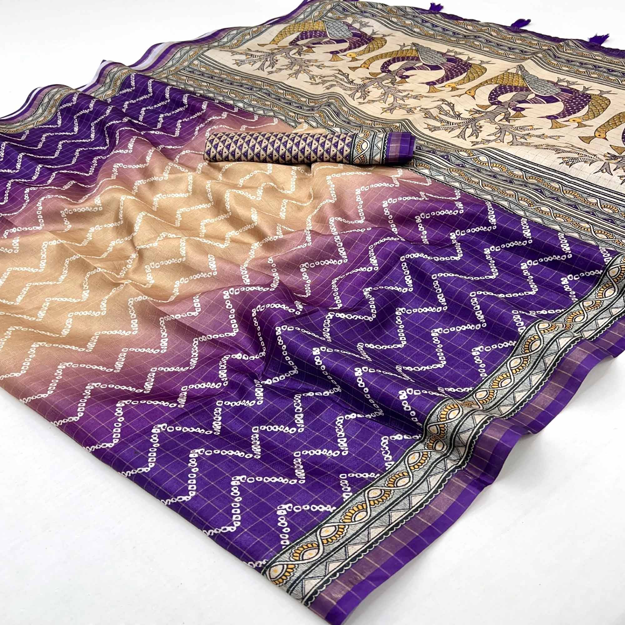 Beige & Violet Maheshwari Cotton Silk Saree with Zig-Zag Pattern