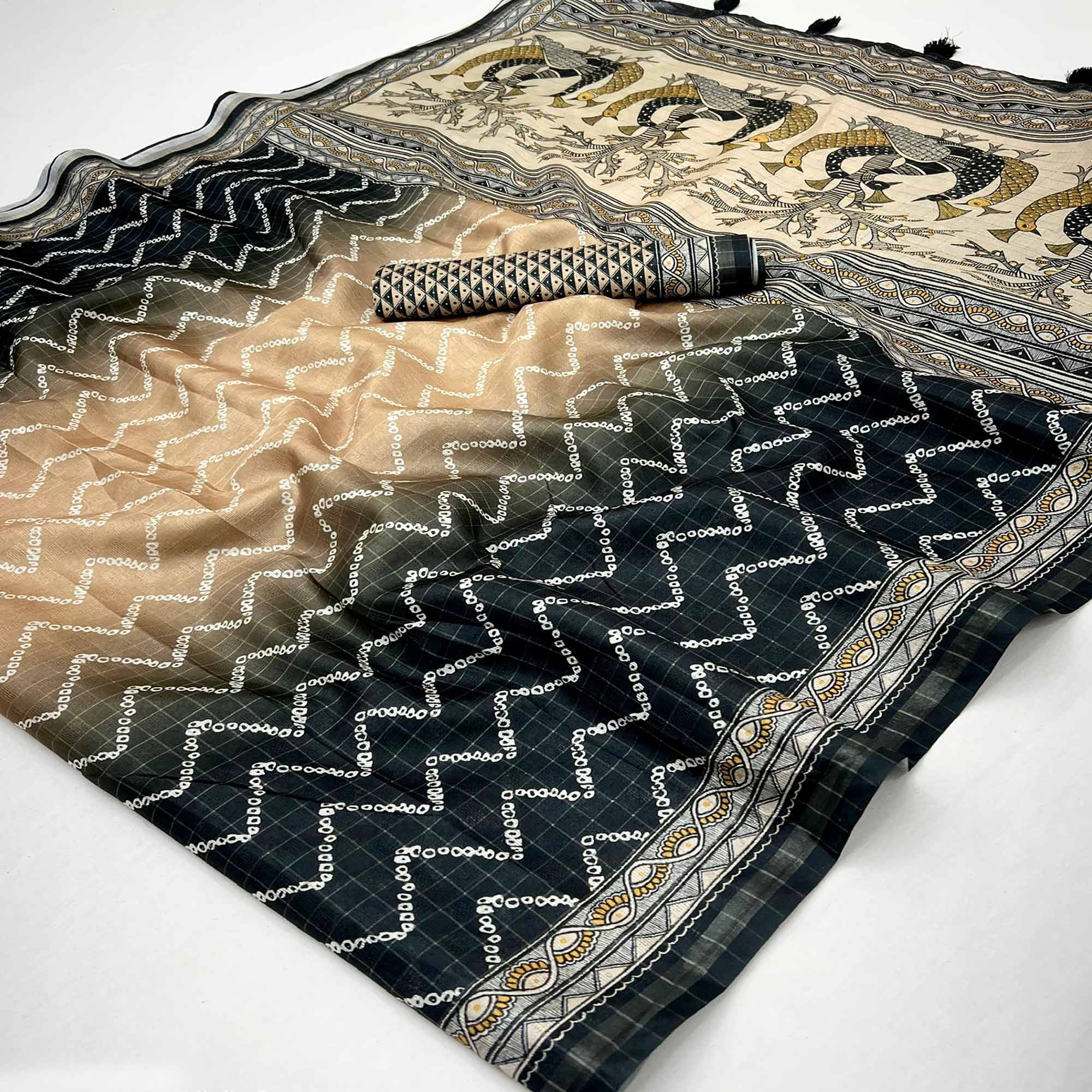 Beige & Black Maheshwari Cotton Silk Saree with Zig-Zag Pattern