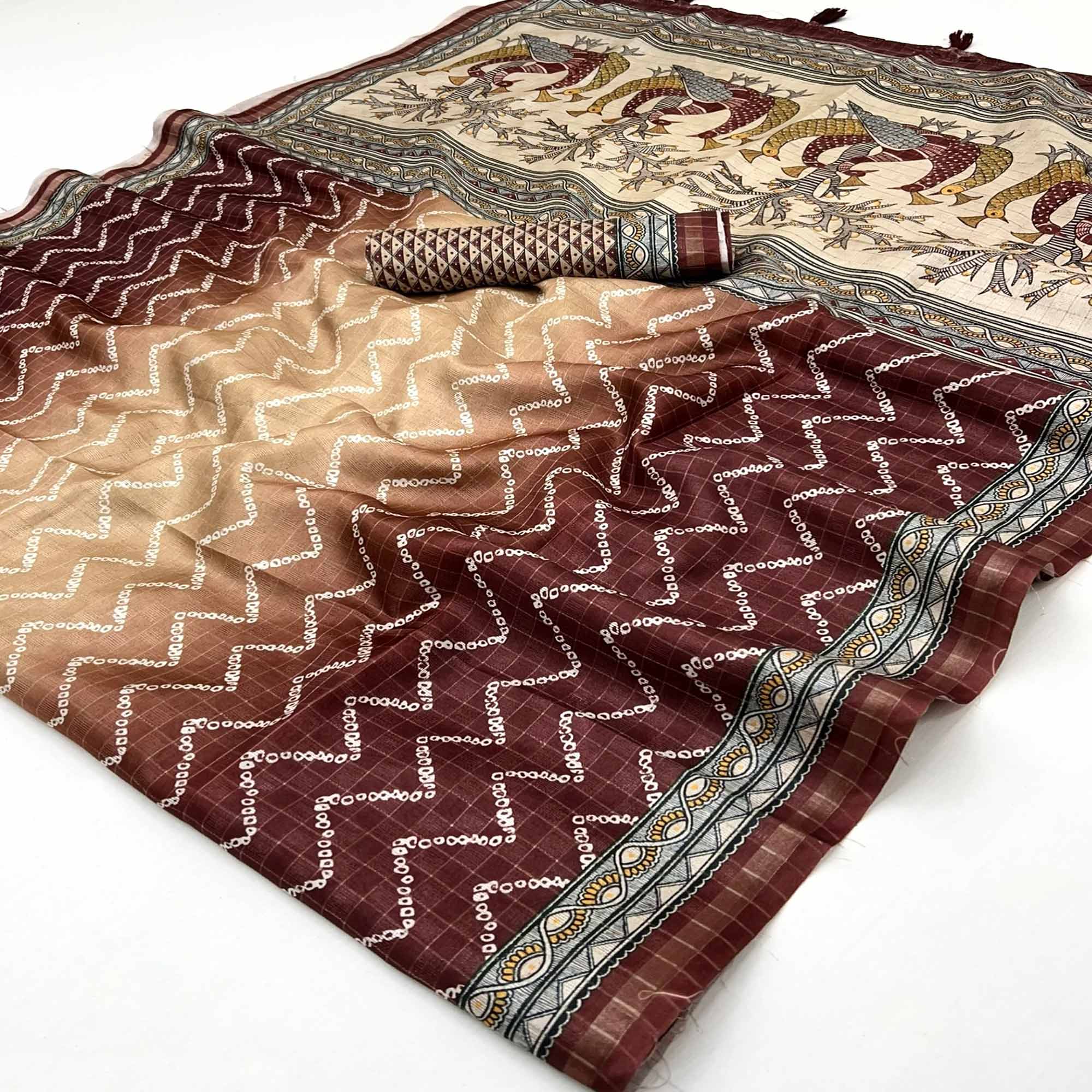 Beige & Brown Maheshwari Cotton Silk Saree with Zig-Zag Pattern