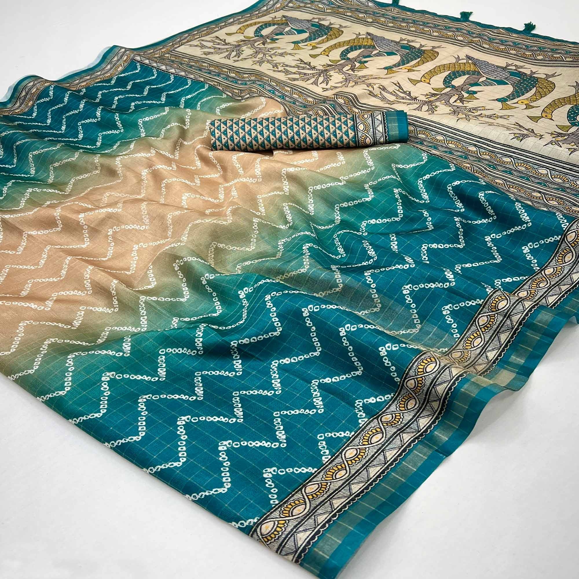 Beige & Teal Maheshwari Cotton Silk Saree with Zig-Zag Pattern