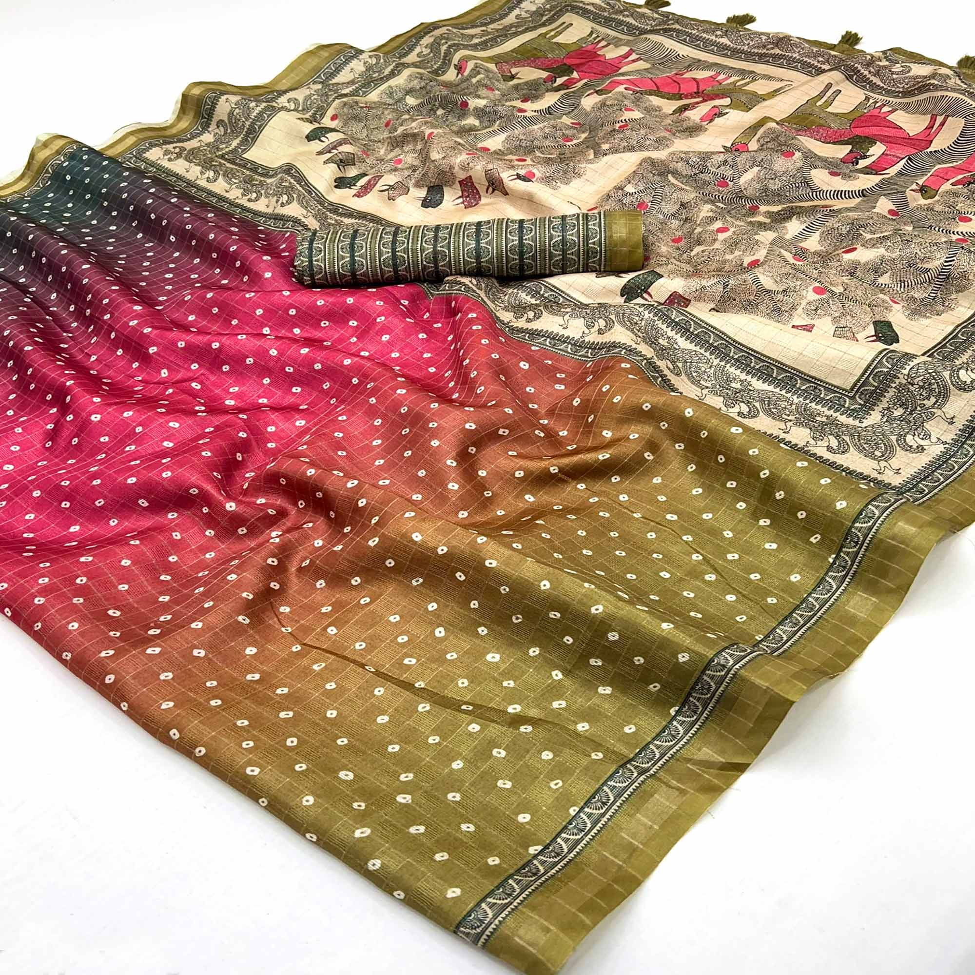 Vibrant Multicolor Maheshwari Cotton Silk Saree Featuring Classic Bandhani Prints