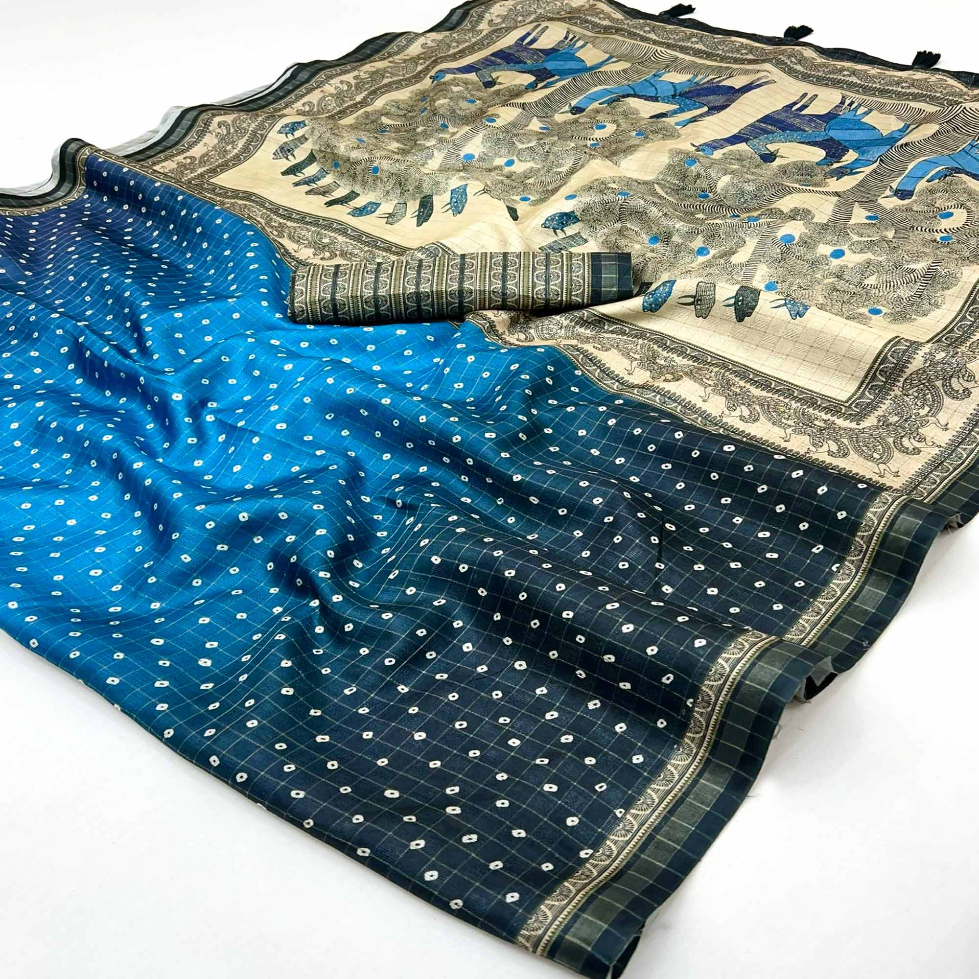 Vibrant Blue Maheshwari Cotton Silk Saree Featuring Classic Bandhani Prints