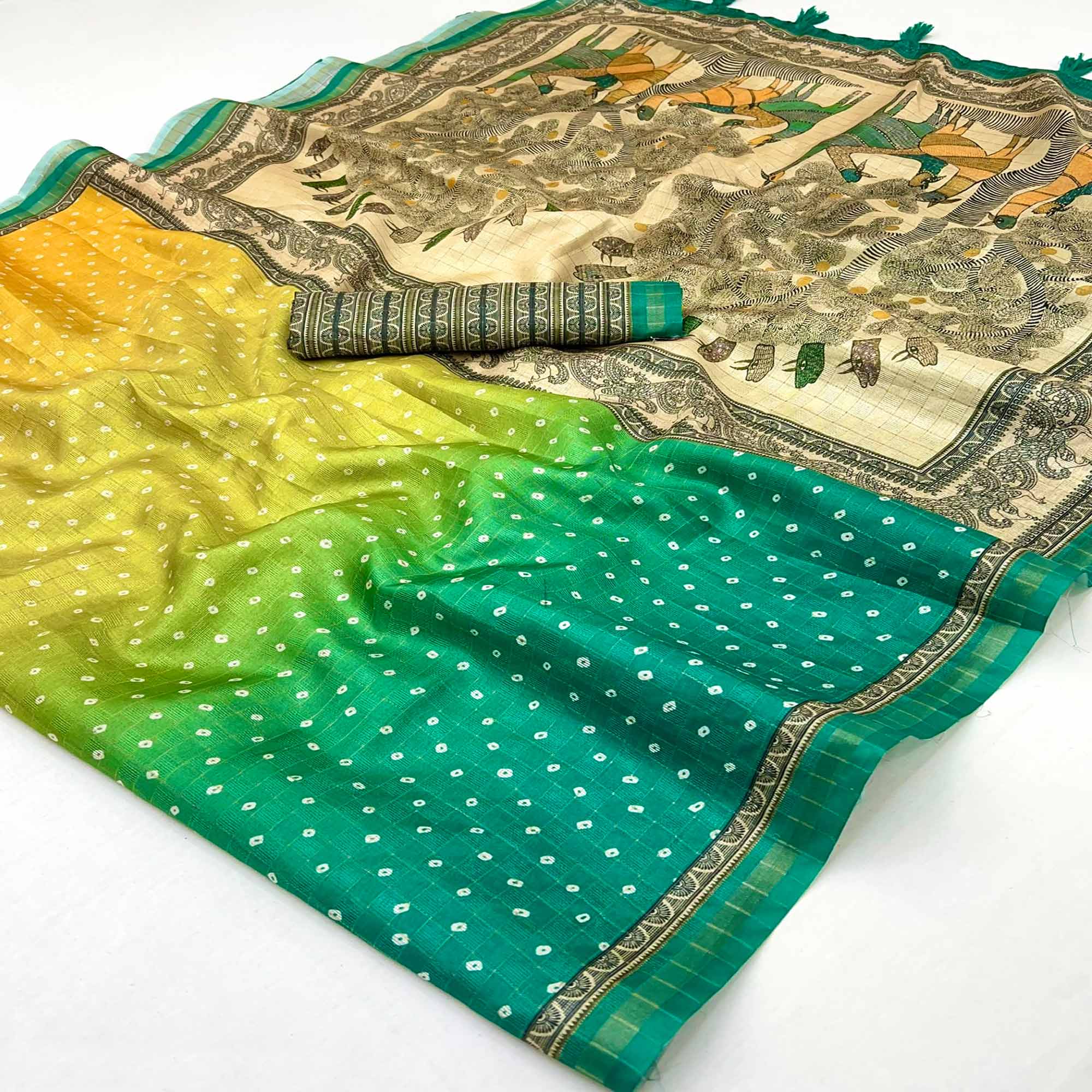 Multicolor Cotton Silk Maheshwari Saree with Bandhani Motifs