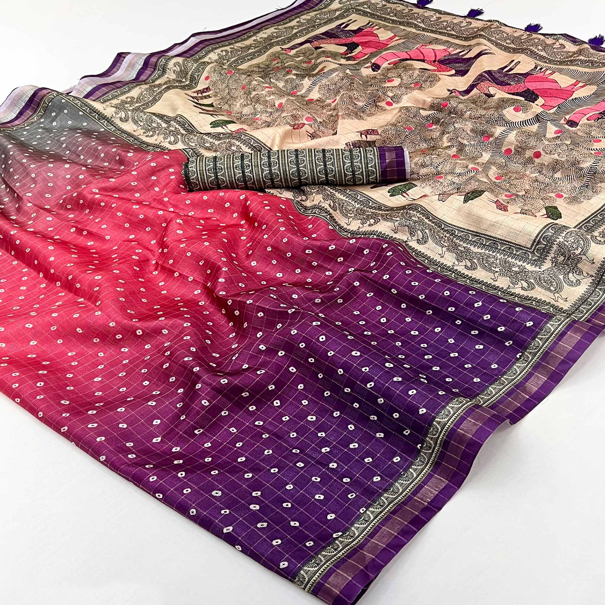 Multicolor Bandhani Print Saree in Elegant Maheshwari Cotton Silk